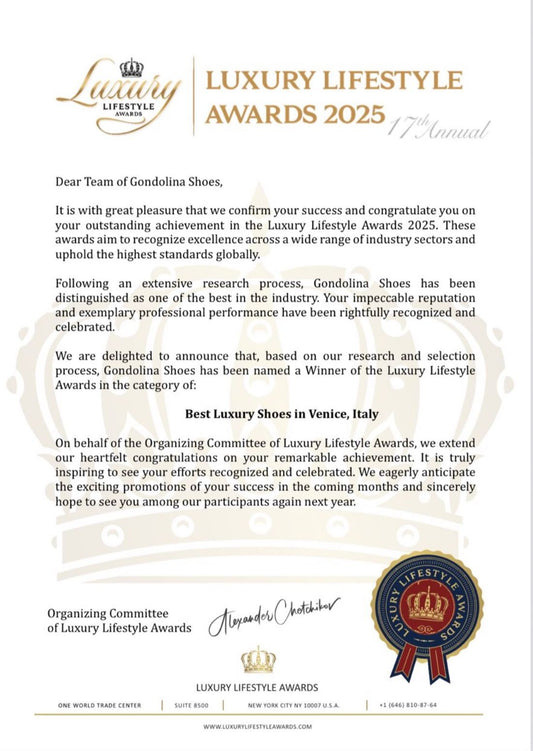 Gondolina Shoes Wins Best Luxury Shoes in Venice at Luxury Lifestyle Awards 2025