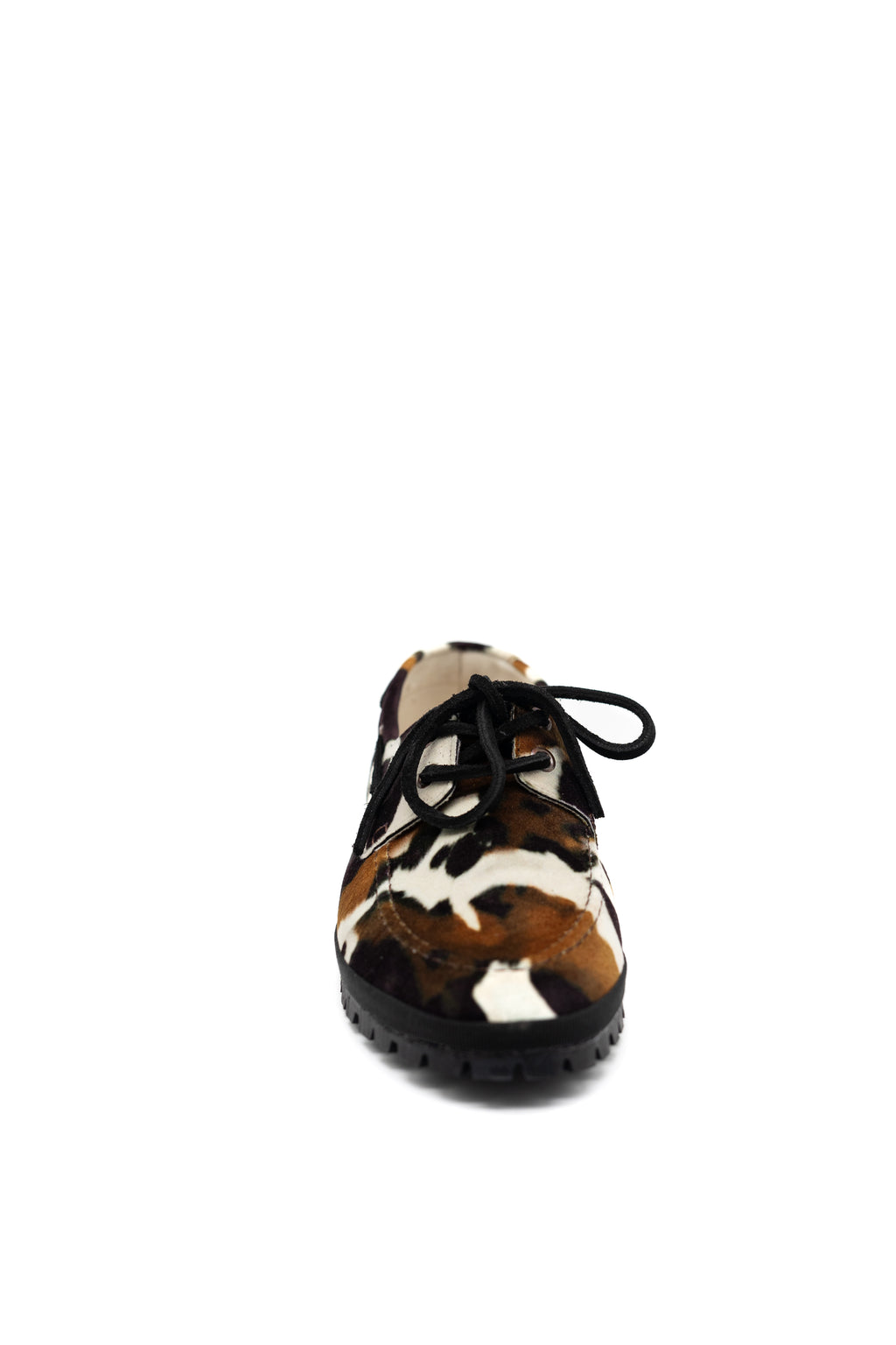 Handcrafted Gondolina Rodeo boat shoes in cow print, featuring authentic Venetian design, front view laces