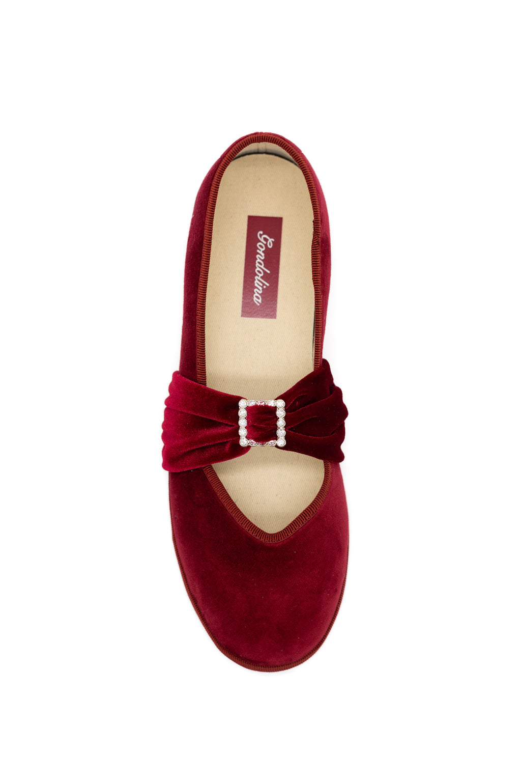 Handcrafted Gondolina Biennale Ballet Flat in red velvet, featuring authentic Venetian design, Top view