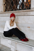 Handcrafted Gondolina Biennale Ballet Flat in red velvet, featuring authentic Venetian design, Worn by model