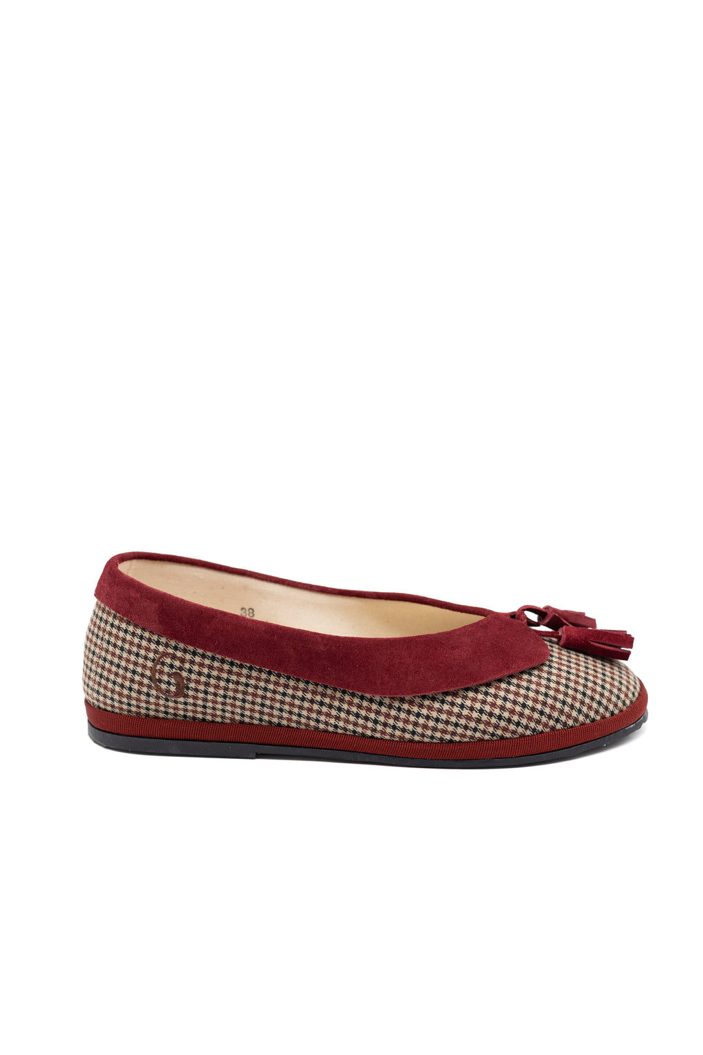 Handcrafted Gondolina Dogaressa ballet flats in scottish tweed and burgundy collar, featuring authentic Venetian design, main view