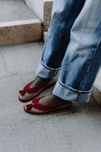 Handcrafted Gondolina Dogaressa ballet flats in scottish tweed and burgundy collar, featuring authentic Venetian design, lifestyle