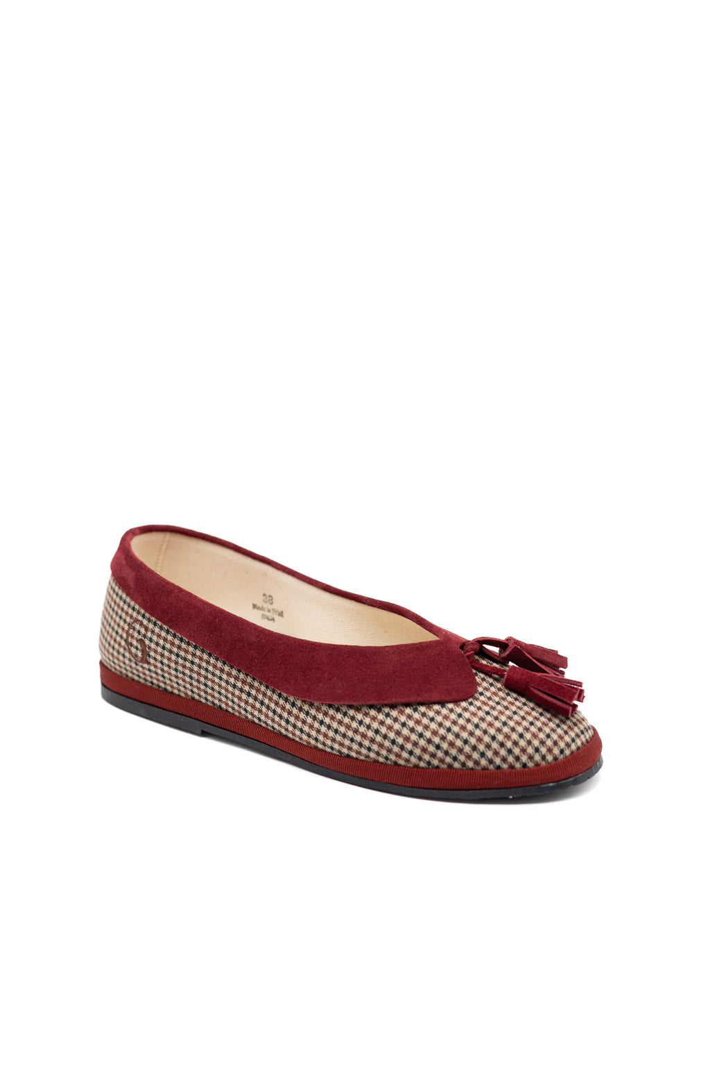 Handcrafted Gondolina Dogaressa ballet flats in scottish tweed and burgundy collar, featuring authentic Venetian design, side view