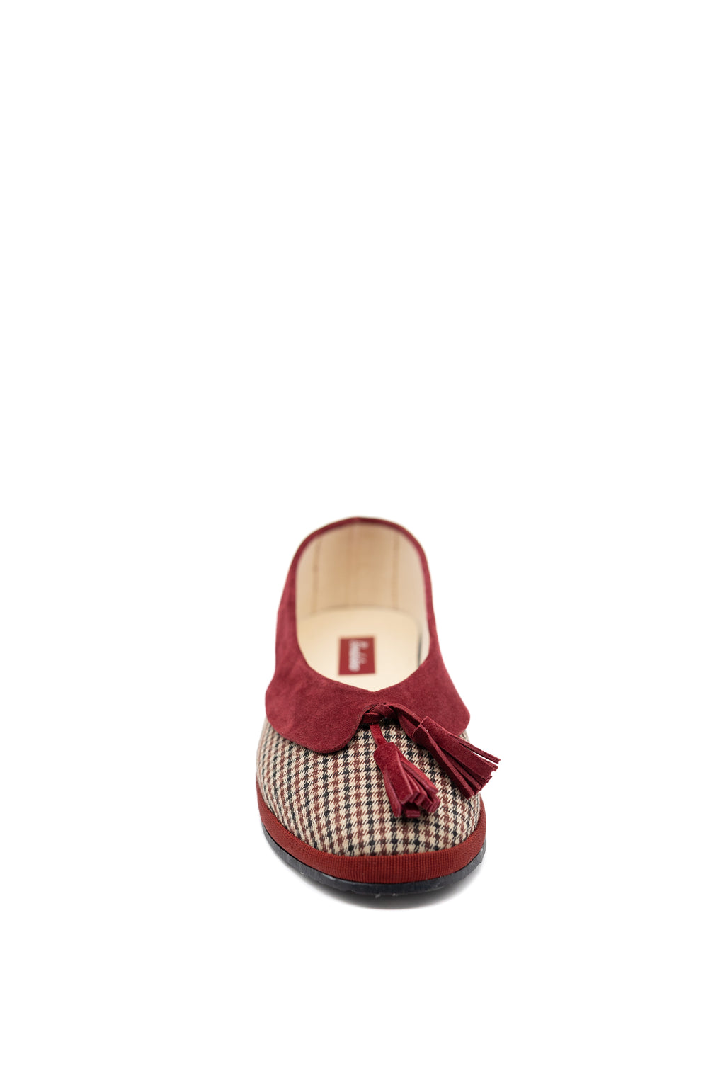 Handcrafted Gondolina Dogaressa ballet flats in scottish tweed and burgundy collar, featuring authentic Venetian design, front view