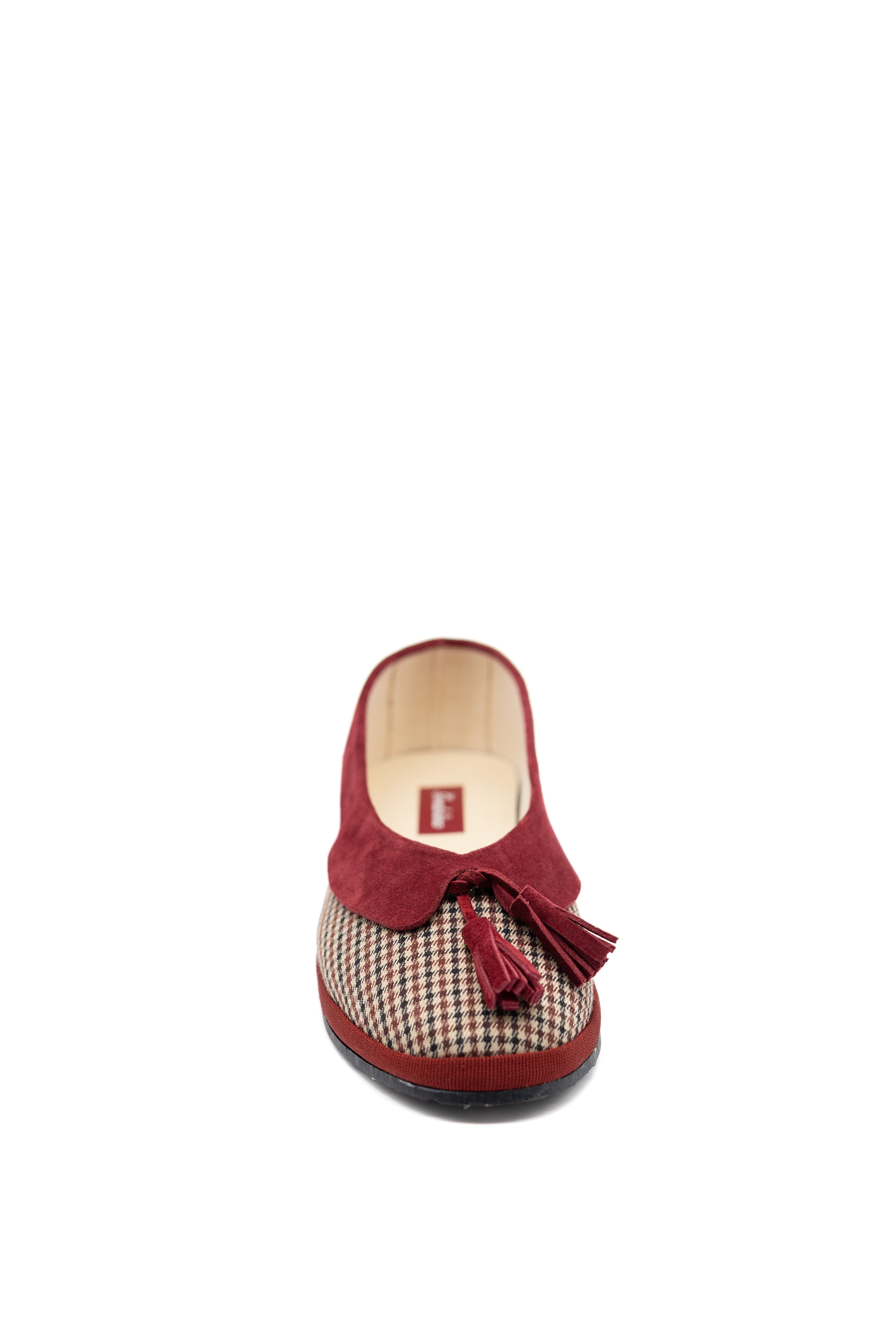 Handcrafted Gondolina Dogaressa ballet flats in scottish tweed and burgundy collar, featuring authentic Venetian design, front view