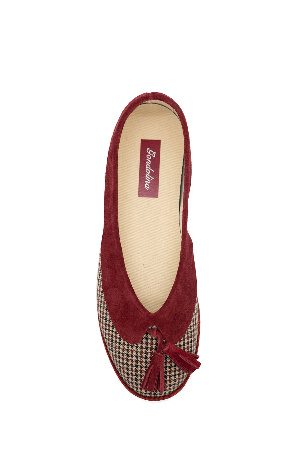 Handcrafted Gondolina Dogaressa ballet flats in scottish tweed and burgundy collar, featuring authentic Venetian design, top view