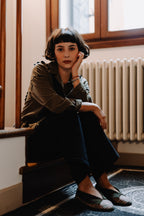 Handcrafted Gondolina Duchessa ballet flats in scottish tweed and green collar, featuring authentic Venetian design, full-body