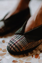 Handcrafted Gondolina Duchessa ballet flats in scottish tweed and green collar, featuring authentic Venetian design, close-up