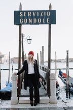 Handcrafted Gondolina Mascareta Ballet Flat in black velvet, featuring authentic Venetian design, Worn by model