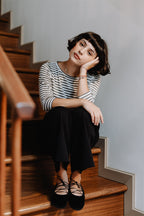 Handcrafted Gondolina Mascareta Ballet Flat in black velvet, featuring authentic Venetian design, Worn by model