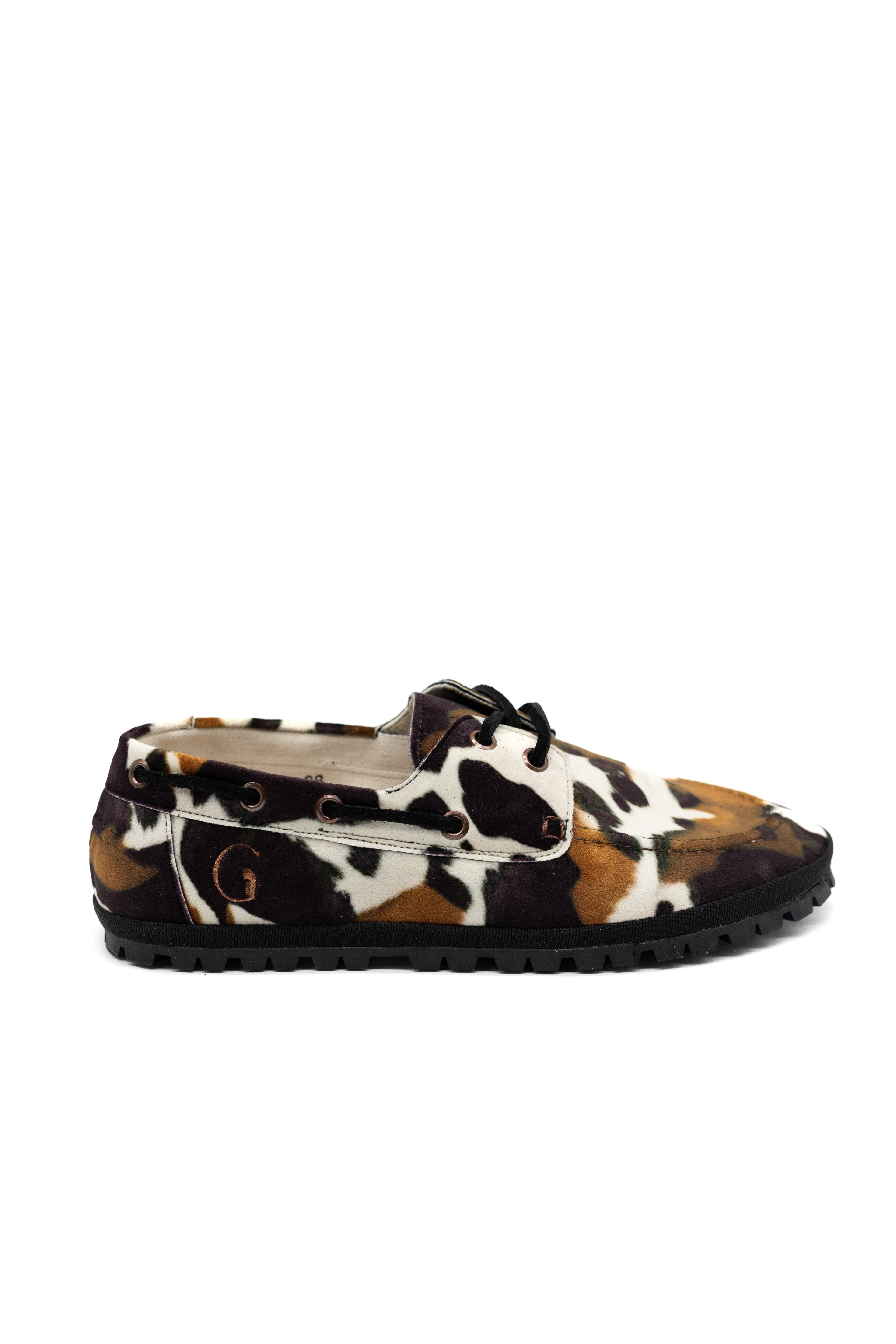 Handcrafted Gondolina Rodeo boat shoes in cow print, featuring authentic Venetian design, main view