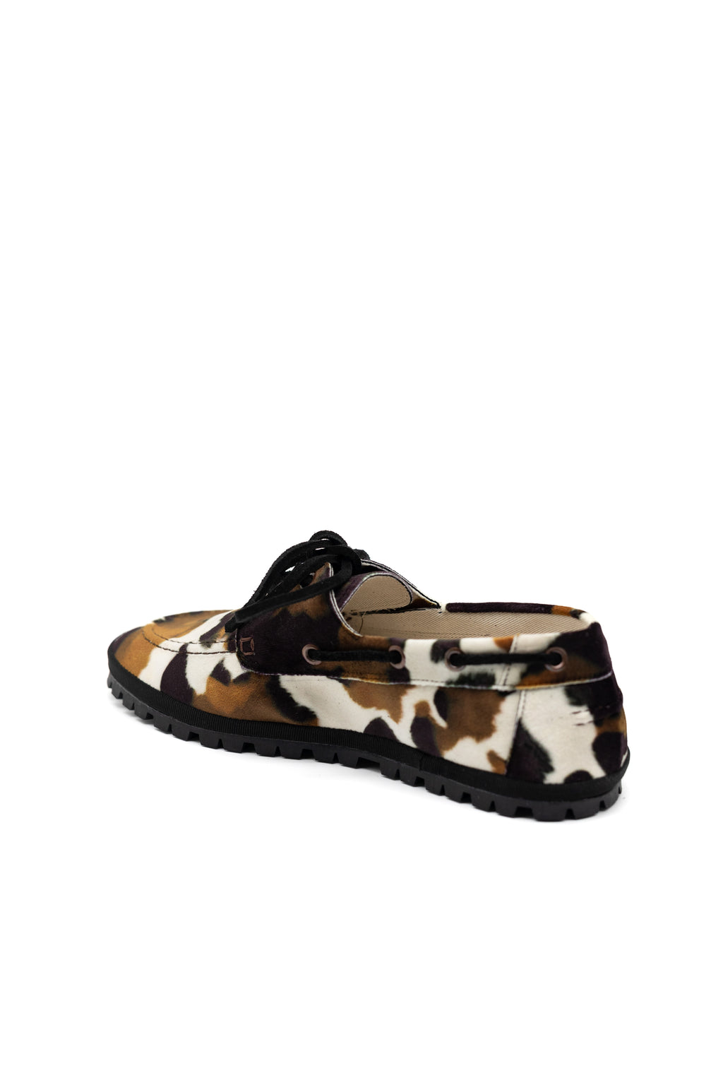 Handcrafted Gondolina Rodeo boat shoes in cow print, featuring authentic Venetian design, back view