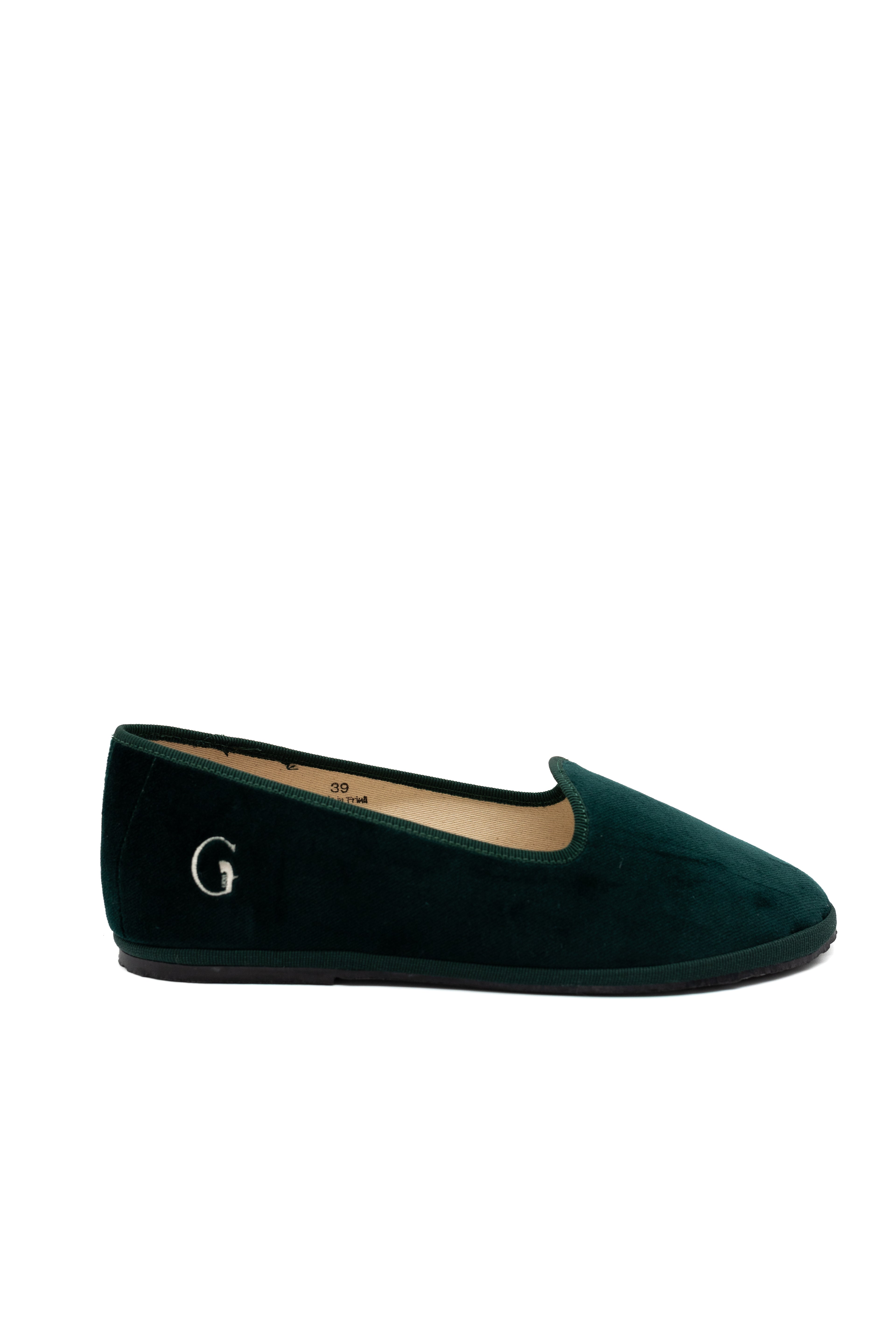 Handcrafted Gondolina Alberoni flats in dark green velvet, featuring authentic Venetian design, main view