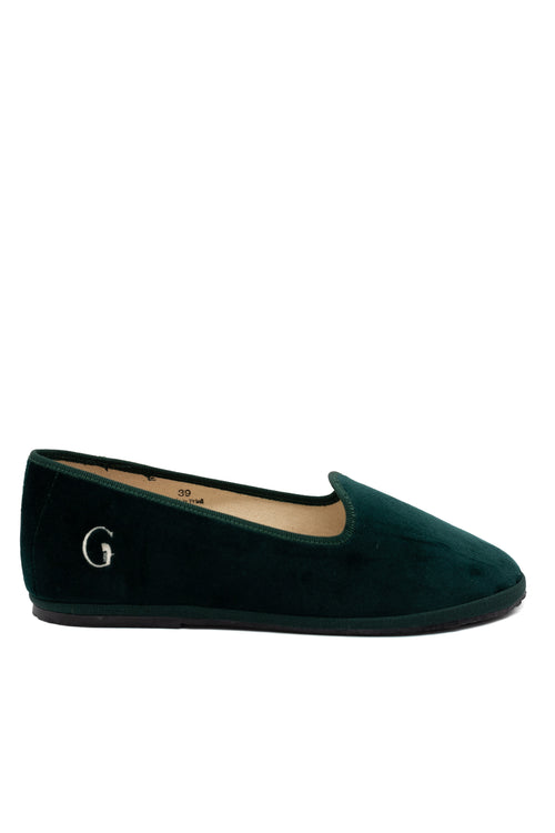 Handcrafted Gondolina Alberoni flats in dark green velvet, featuring authentic Venetian design, main view