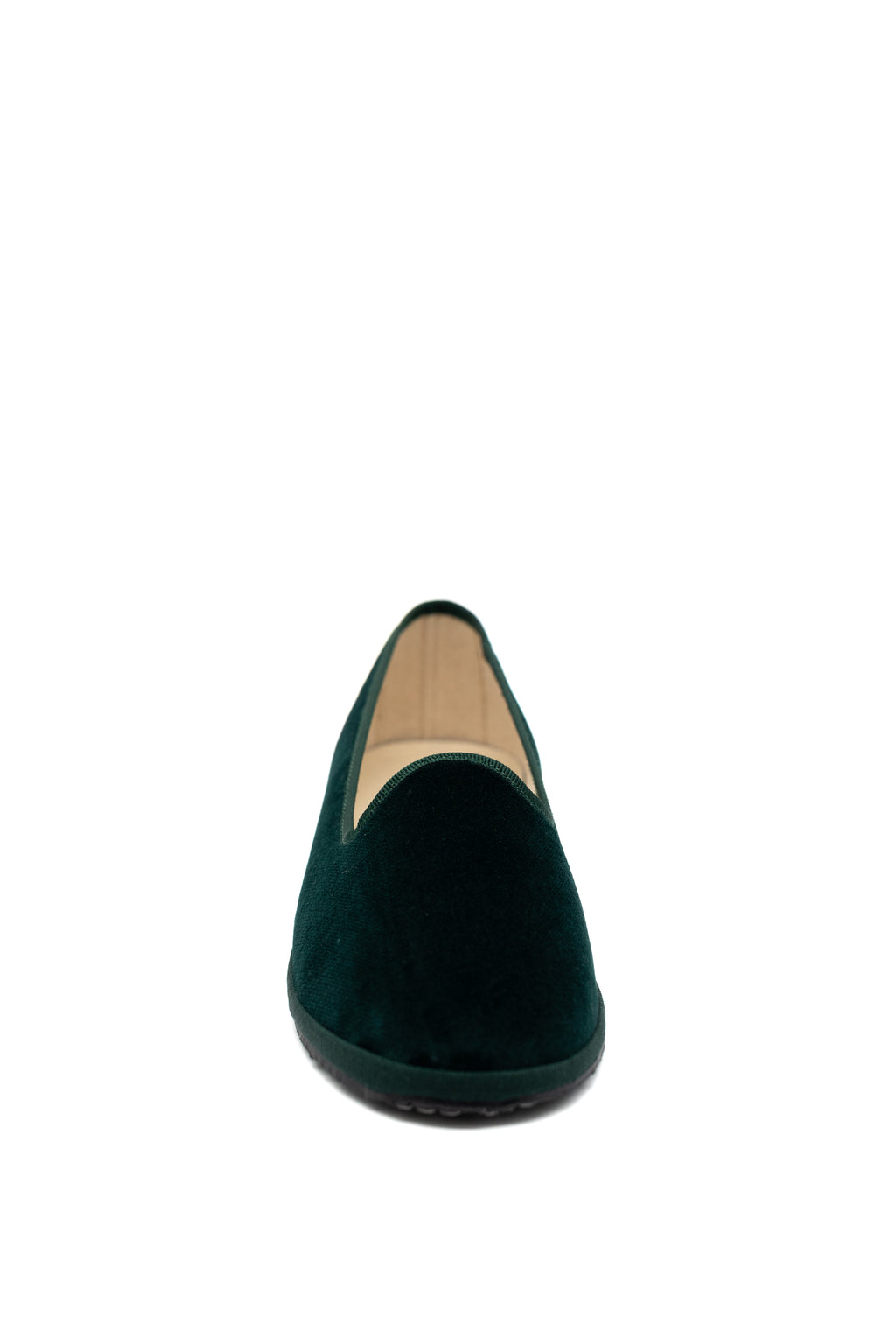 Handcrafted Gondolina Alberoni flats in dark green velvet, featuring authentic Venetian design, front view