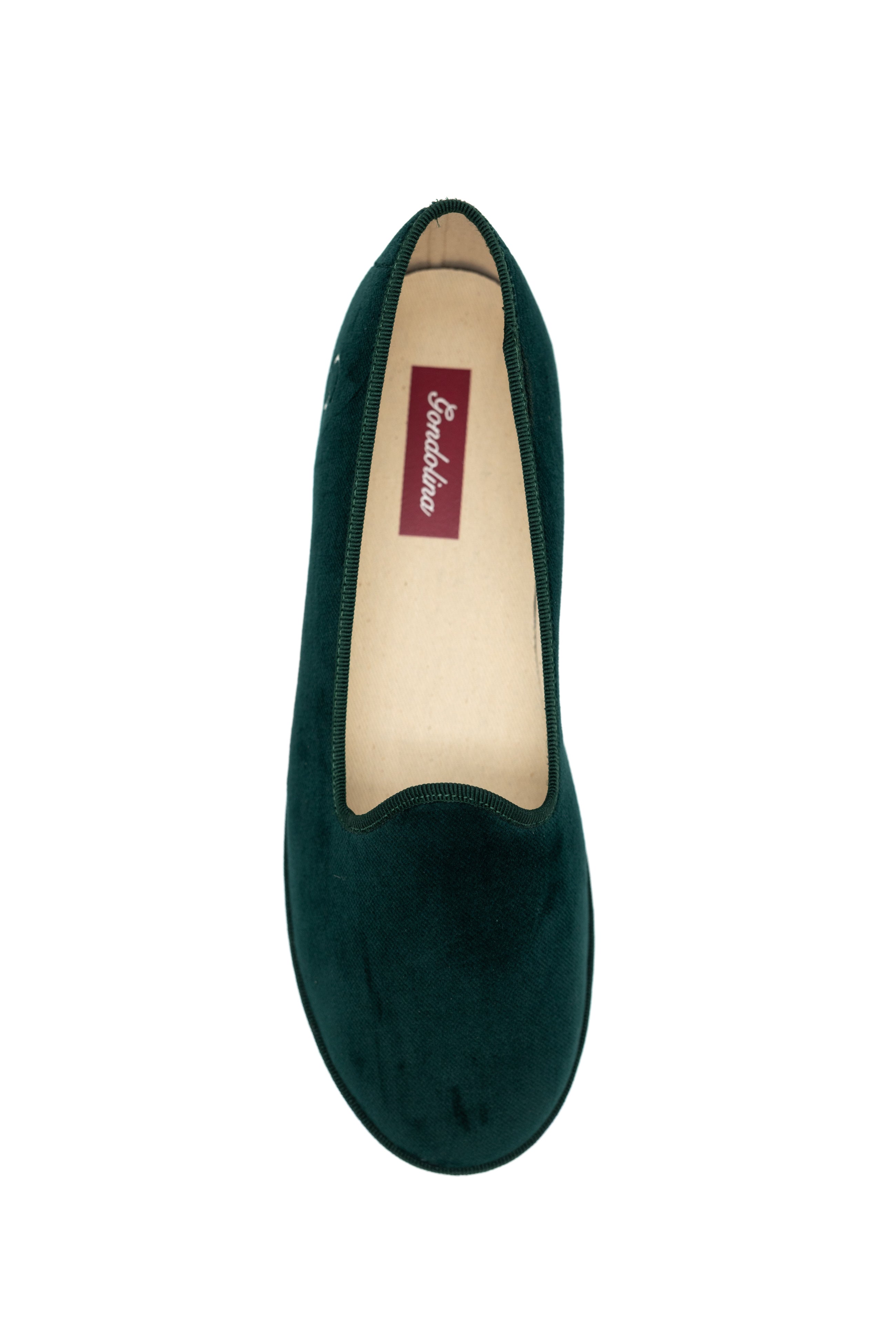 Handcrafted Gondolina Alberoni flats in dark green velvet, featuring authentic Venetian design, top view