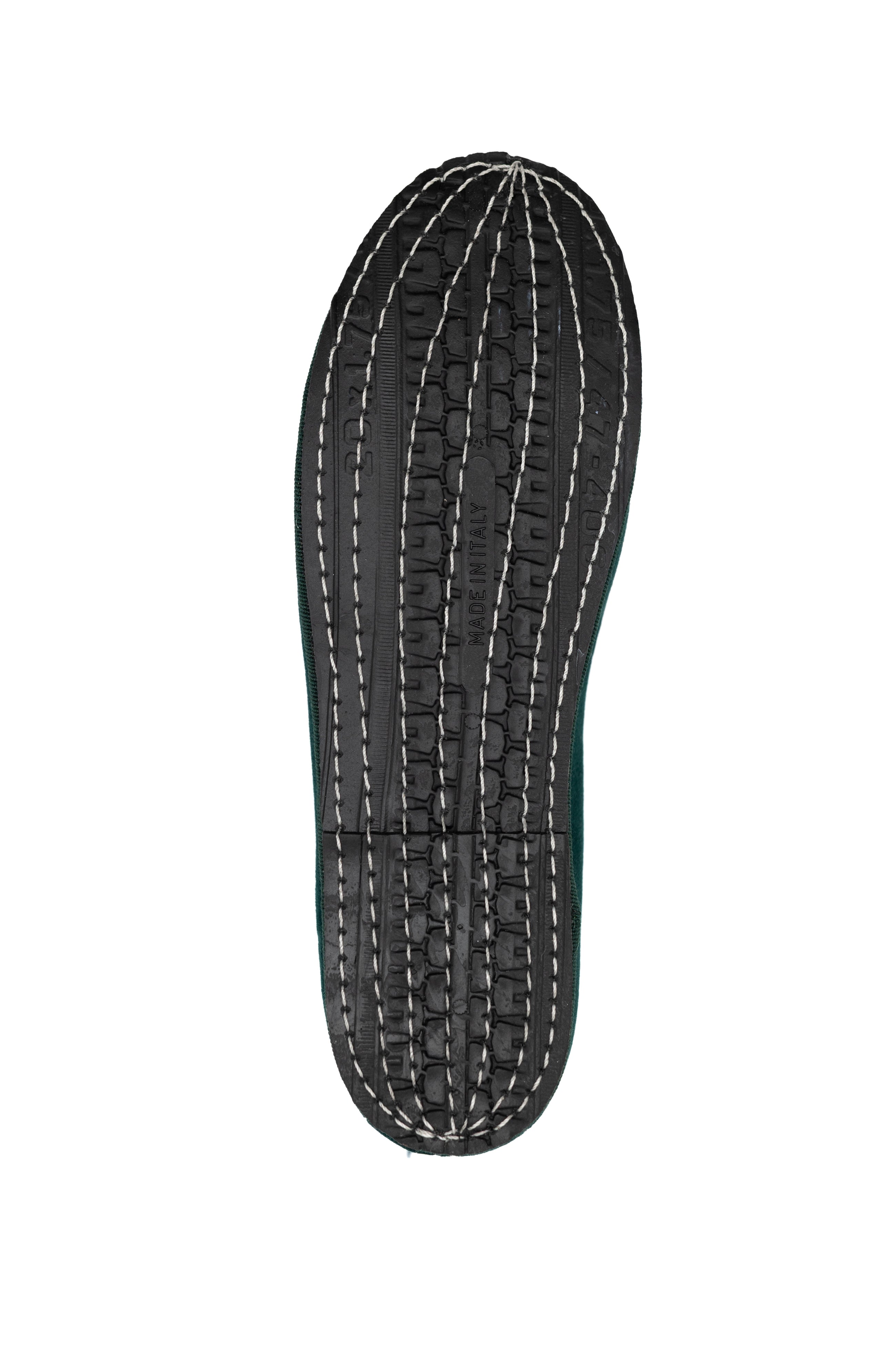 Handcrafted Gondolina Alberoni flats in dark green velvet, featuring authentic Venetian design, sole detail