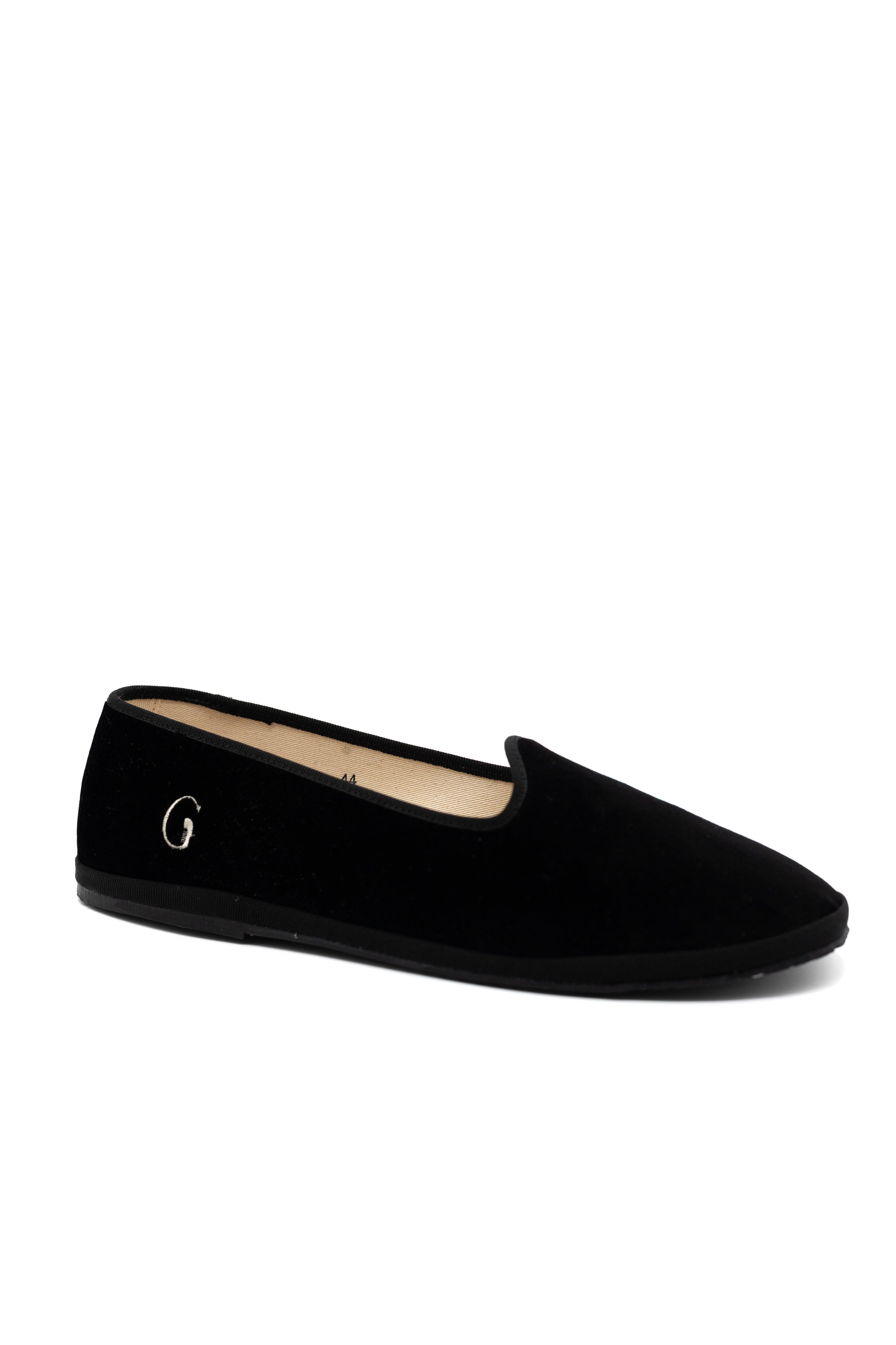 Handcrafted Gondolina Bucintoro flats in black velvet, featuring authentic Venetian design, side view