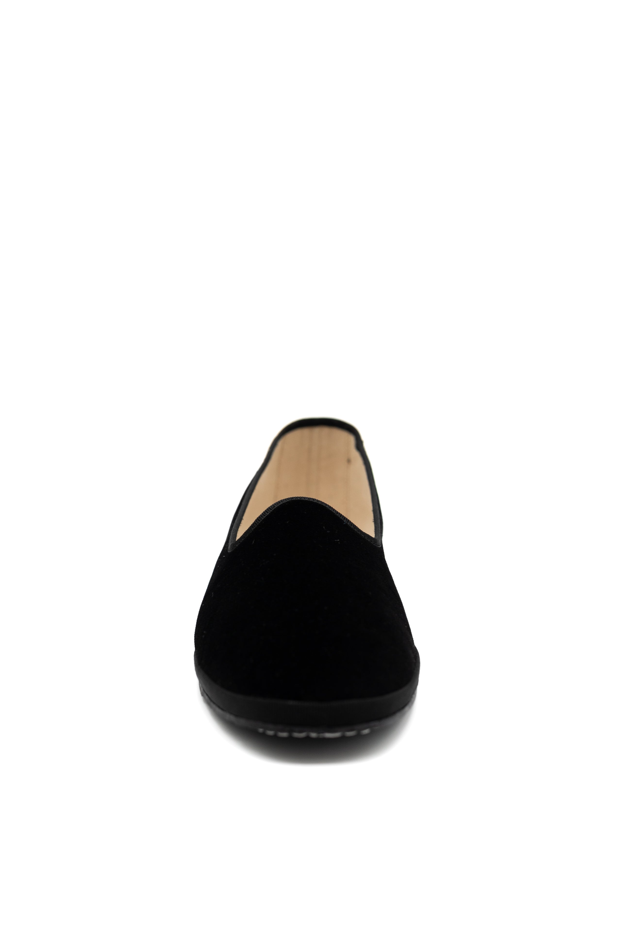 Handcrafted Gondolina Bucintoro flats in black velvet, featuring authentic Venetian design, front view