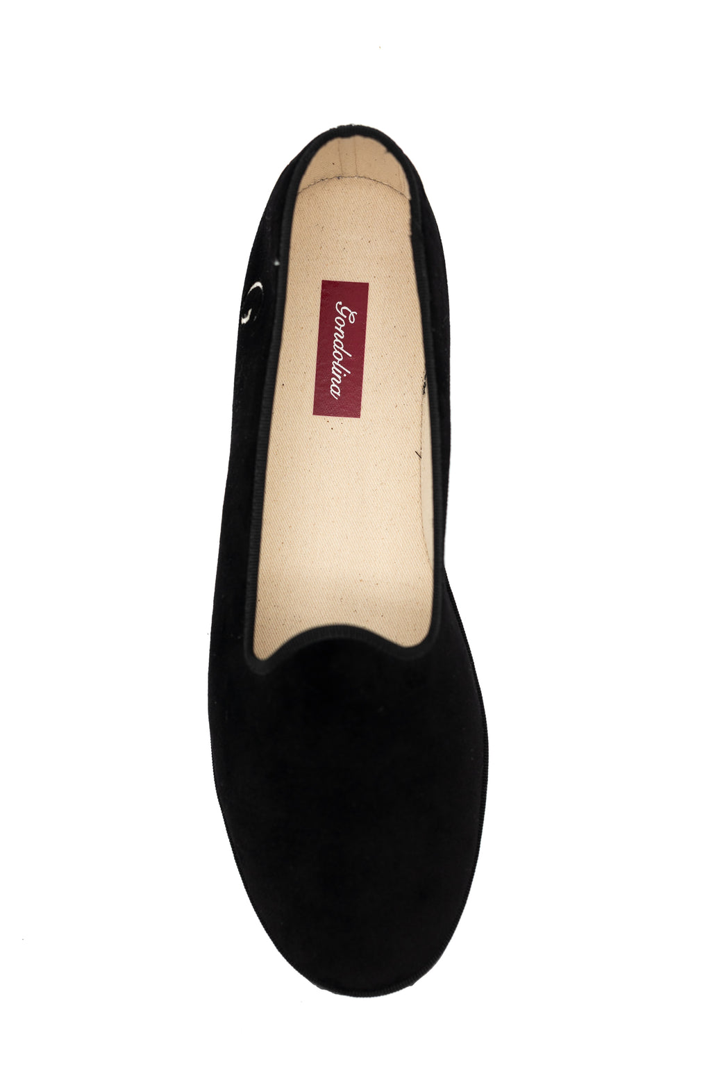 Handcrafted Gondolina Bucintoro flats in black velvet, featuring authentic Venetian design, top view