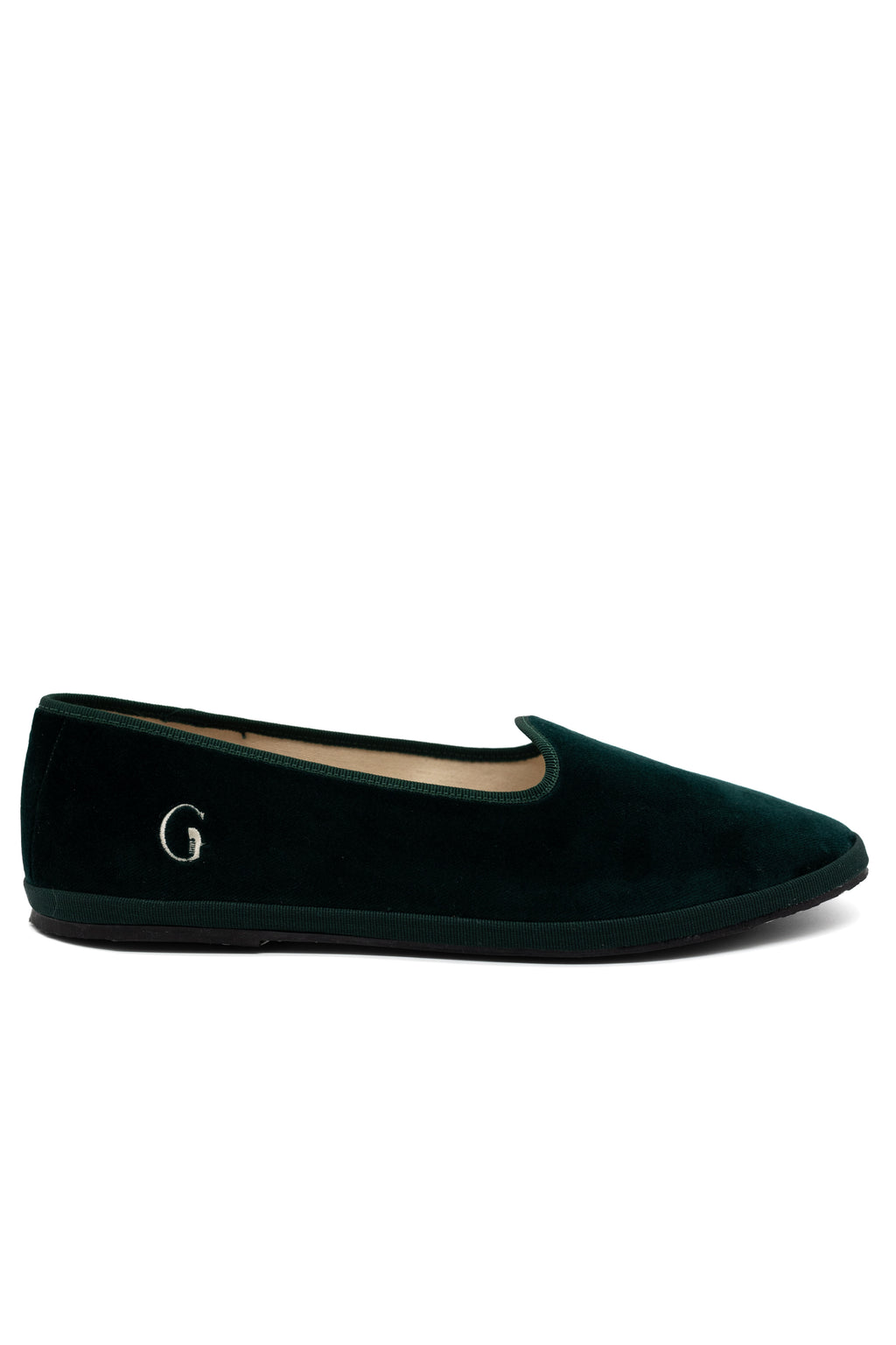 Handcrafted Gondolina Bucintoro flats in dark green velvet, featuring authentic Venetian design, main view