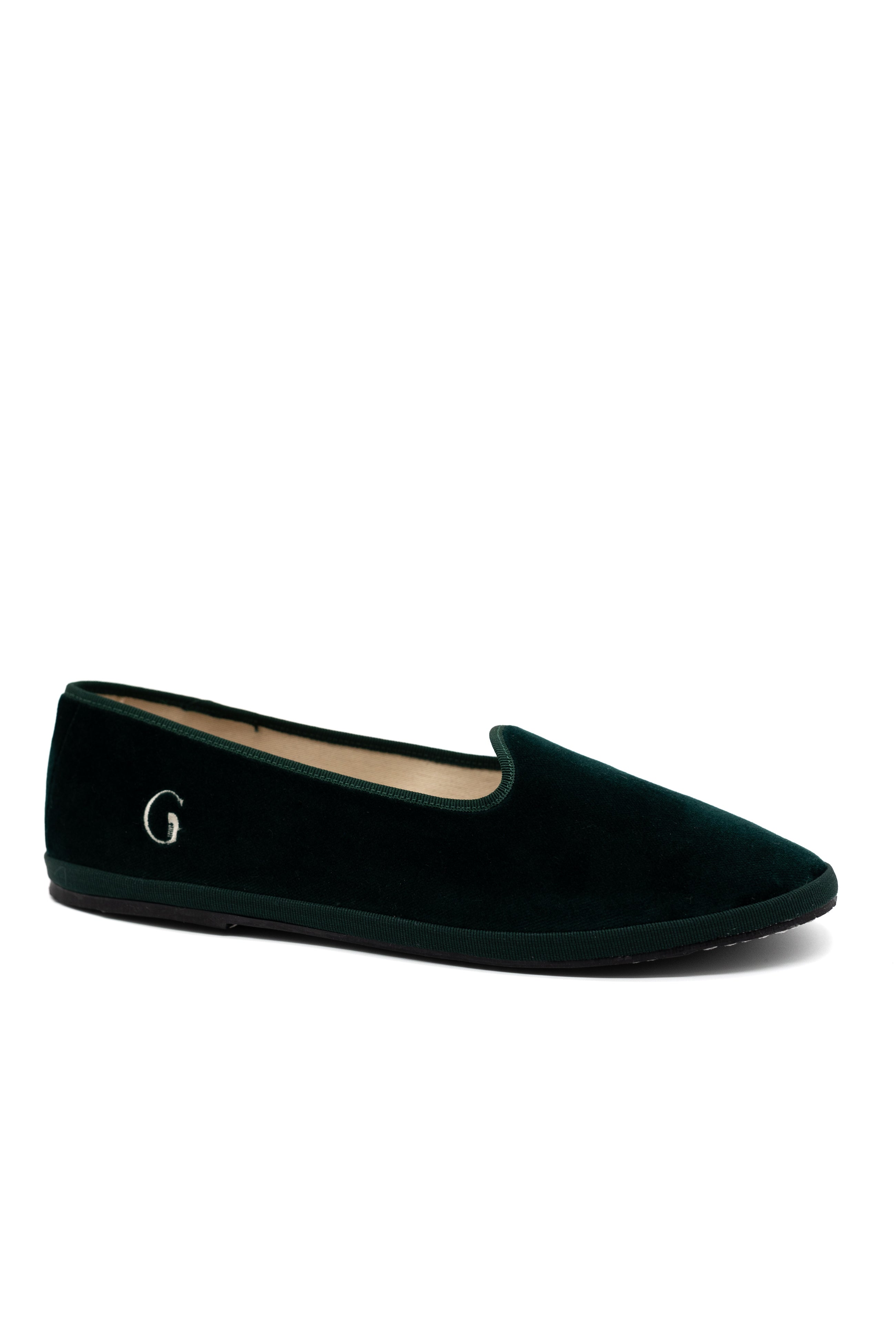 Handcrafted Gondolina Bucintoro flats in dark green velvet, featuring authentic Venetian design, side view