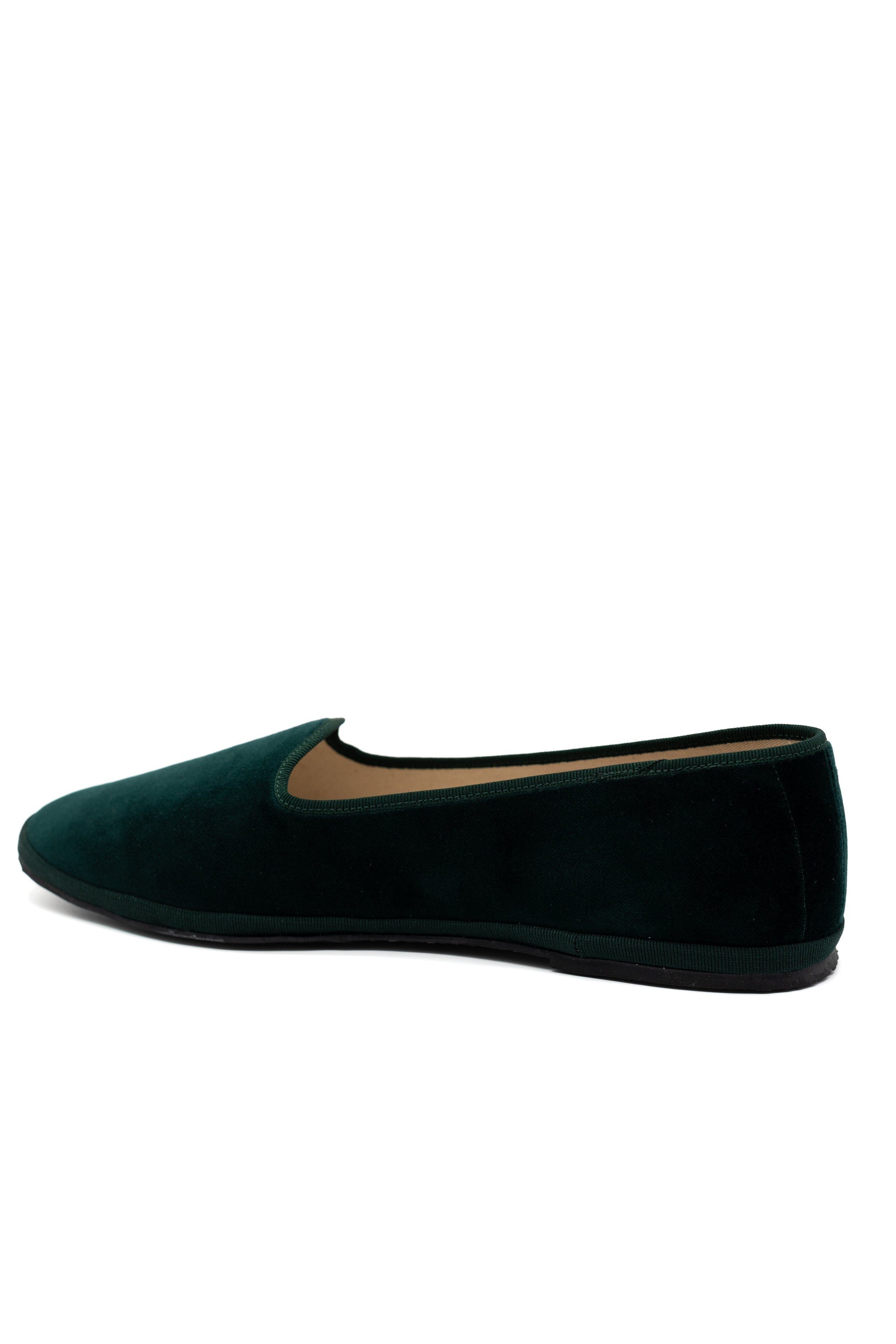 Handcrafted Gondolina Bucintoro flats in dark green velvet, featuring authentic Venetian design, back view
