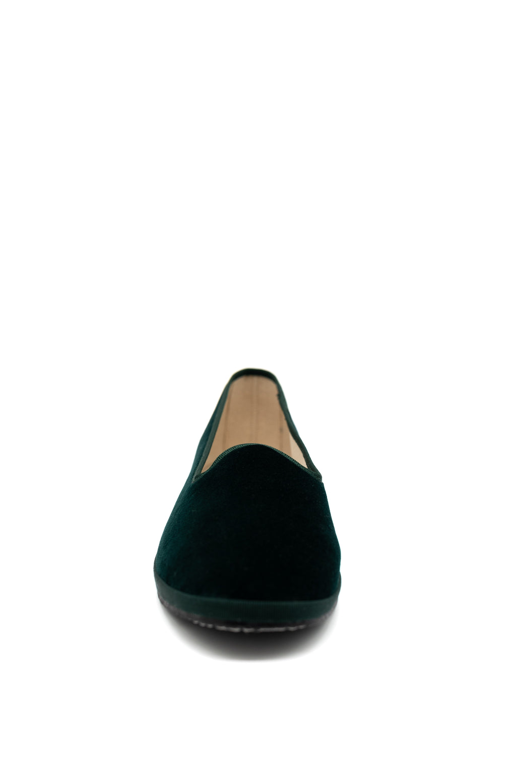 Handcrafted Gondolina Bucintoro flats in dark green velvet, featuring authentic Venetian design, front view