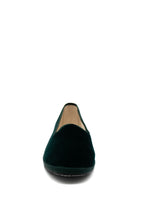 Handcrafted Gondolina Bucintoro flats in dark green velvet, featuring authentic Venetian design, front view