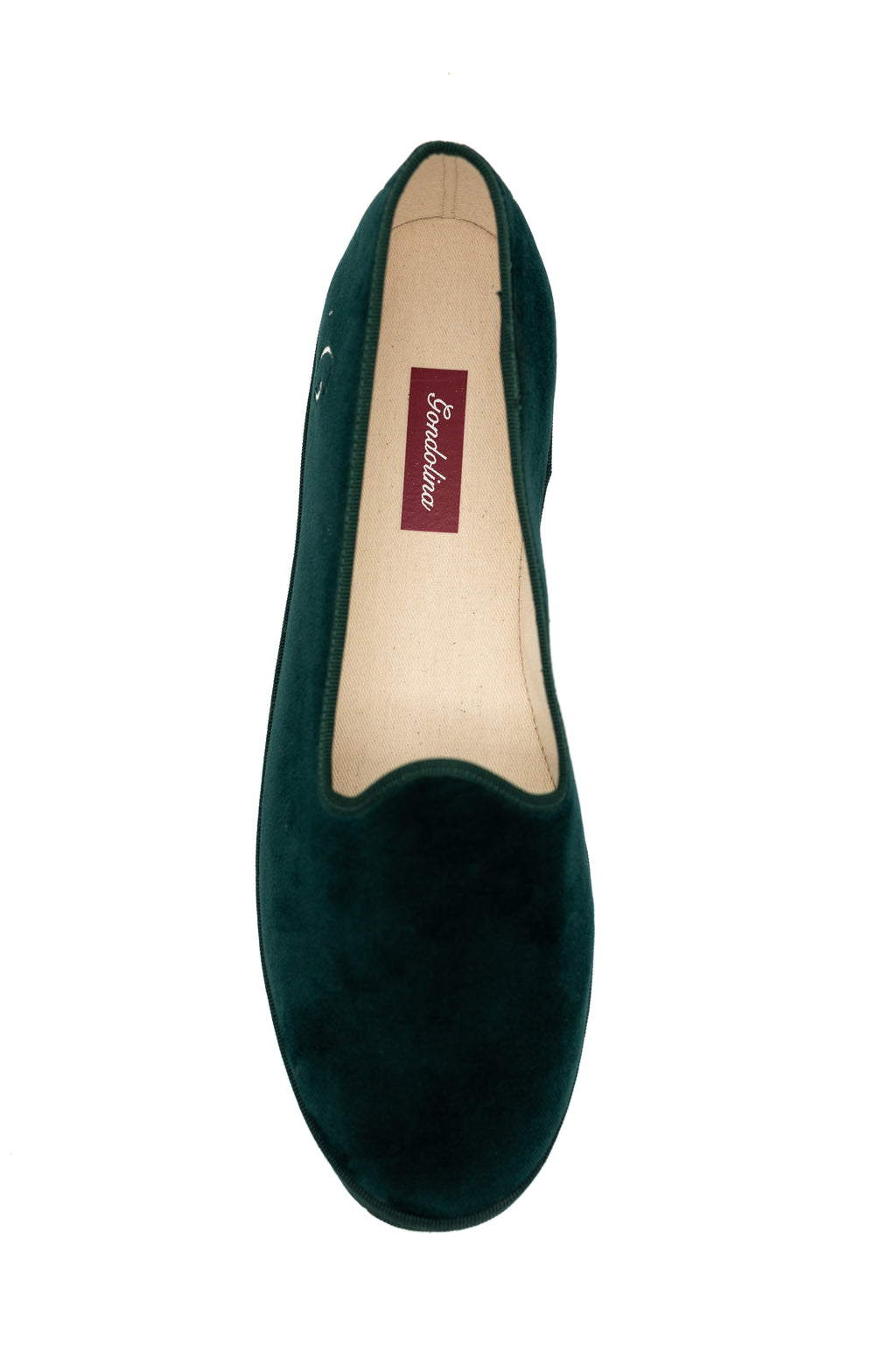 Handcrafted Gondolina Bucintoro flats in dark green velvet, featuring authentic Venetian design, top view