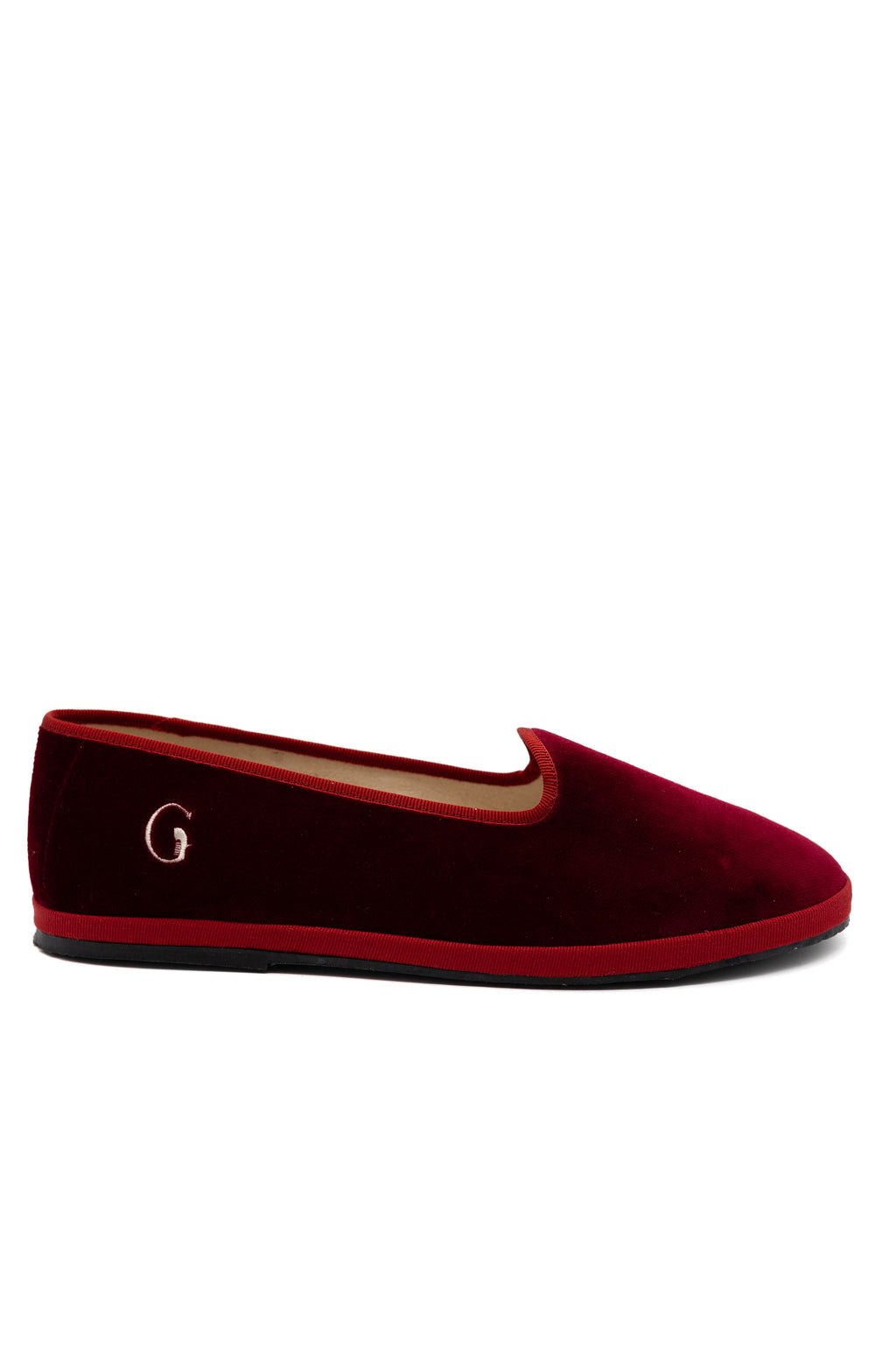 Handcrafted Gondolina Bucintoro flats in dark red velvet, featuring authentic Venetian design, main view