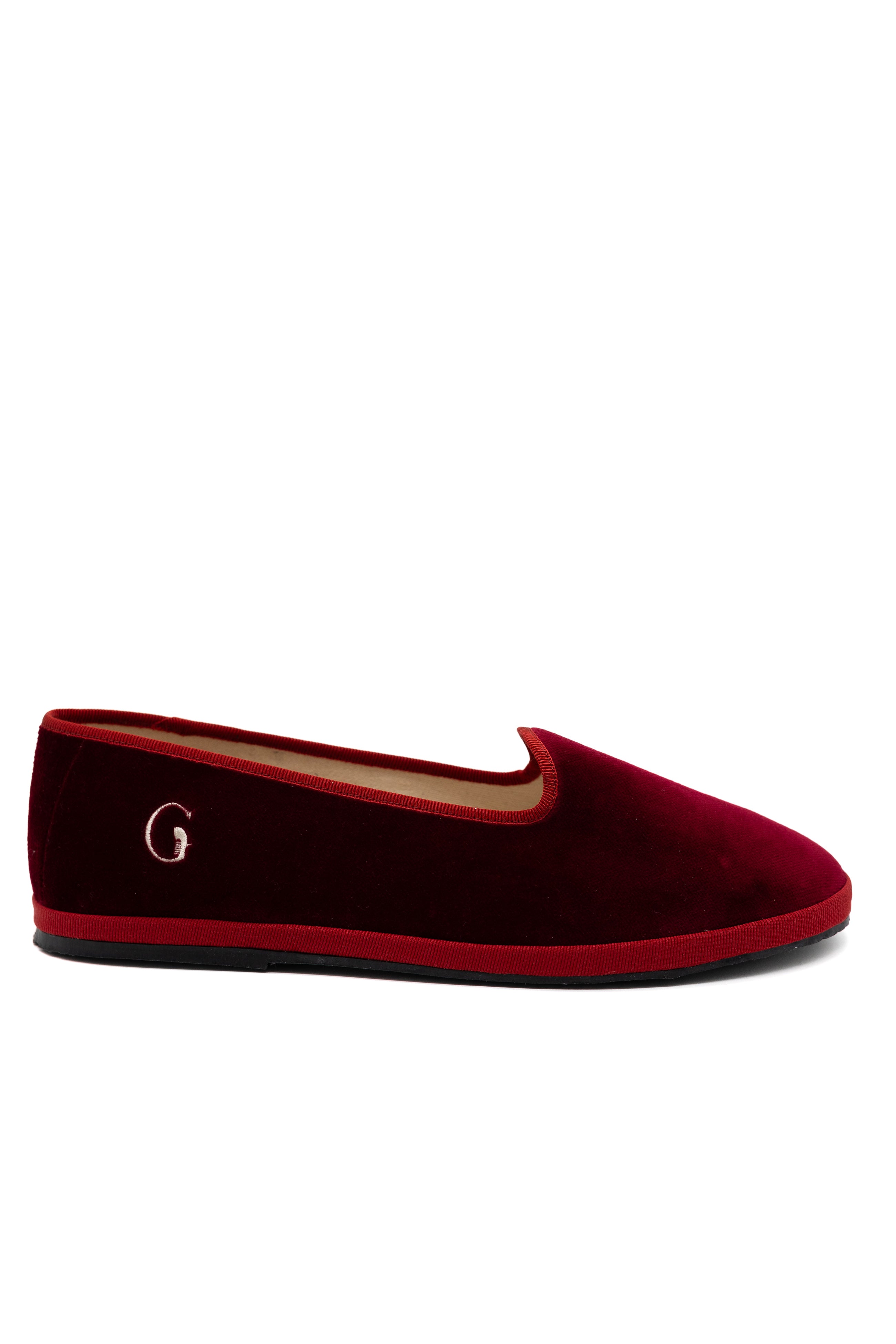 Handcrafted Gondolina Bucintoro flats in dark red velvet, featuring authentic Venetian design, main view