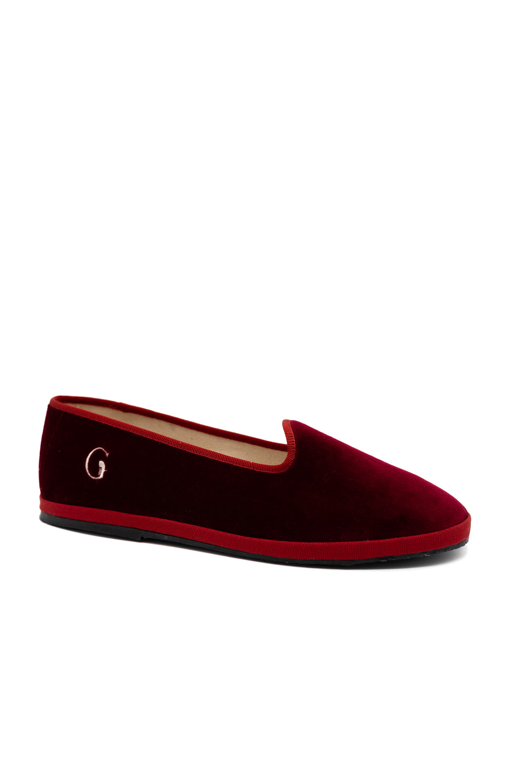 Handcrafted Gondolina Bucintoro flats in dark red velvet, featuring authentic Venetian design, side view