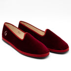Handcrafted Gondolina Bucintoro flats in dark red velvet, featuring authentic Venetian design, close-up