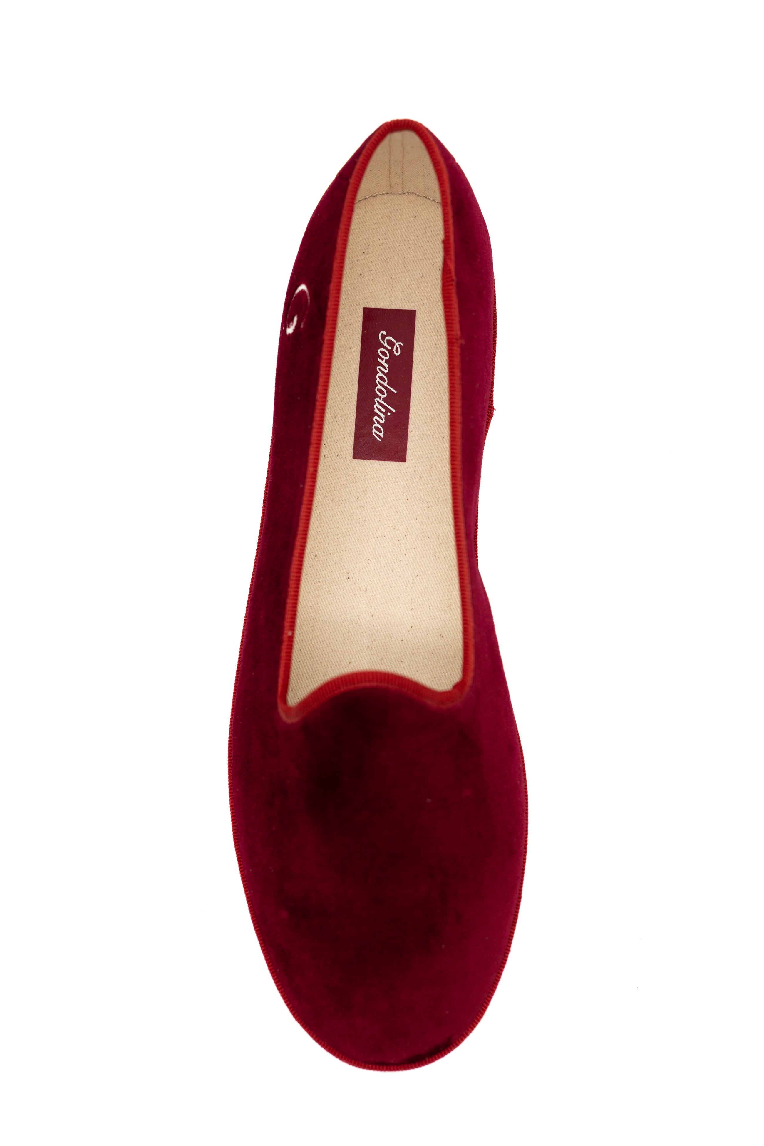 Handcrafted Gondolina Bucintoro flats in dark red velvet, featuring authentic Venetian design, top view