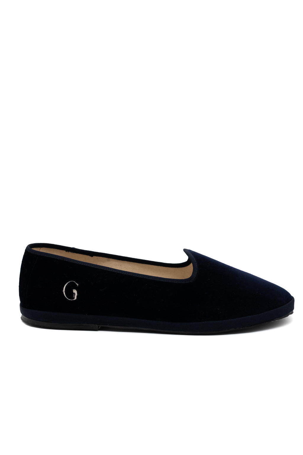 Handcrafted Gondolina Bucintoro flats in navy velvet, featuring authentic Venetian design, main view