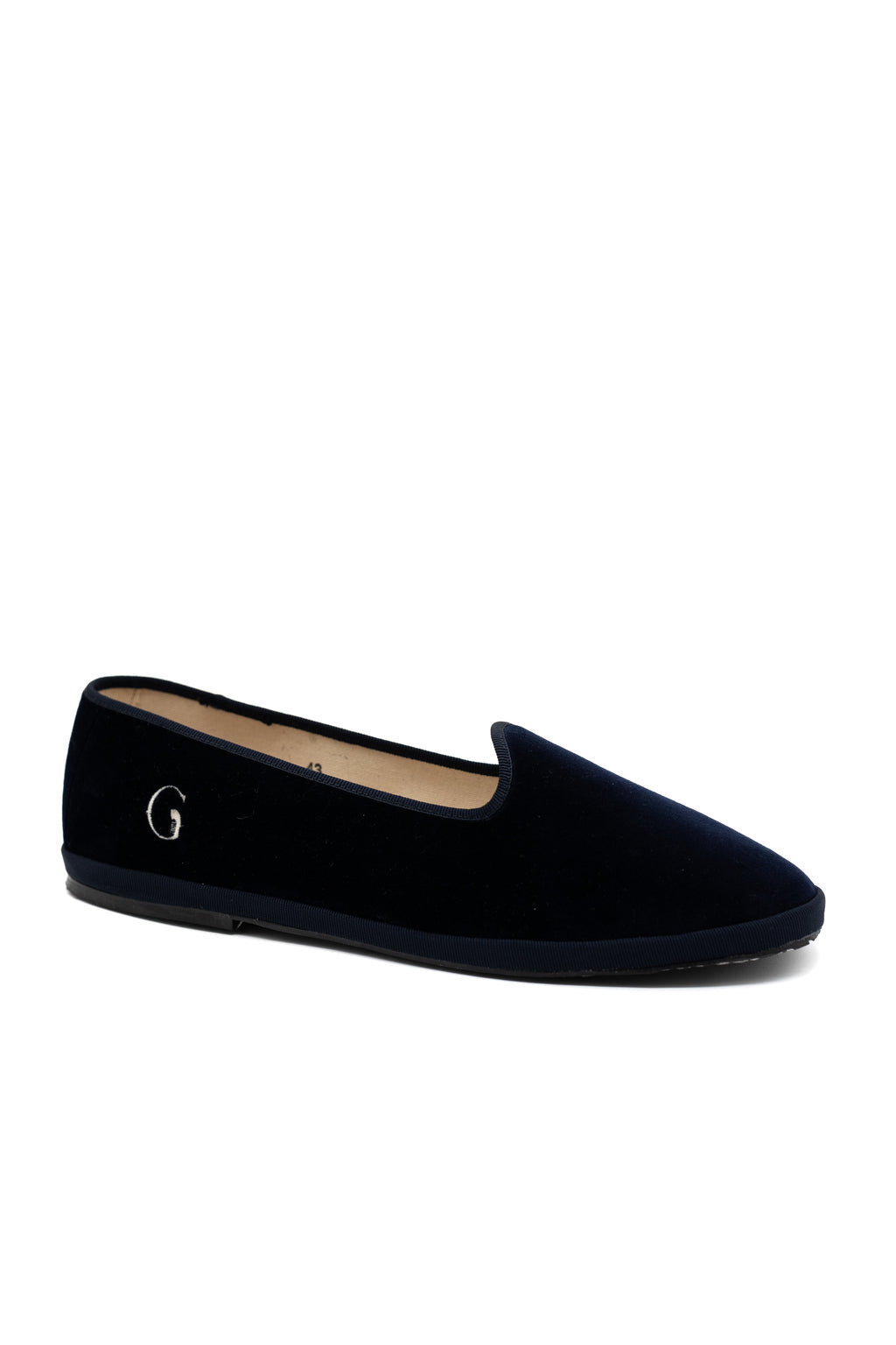 Handcrafted Gondolina Bucintoro flats in navy velvet, featuring authentic Venetian design, side view
