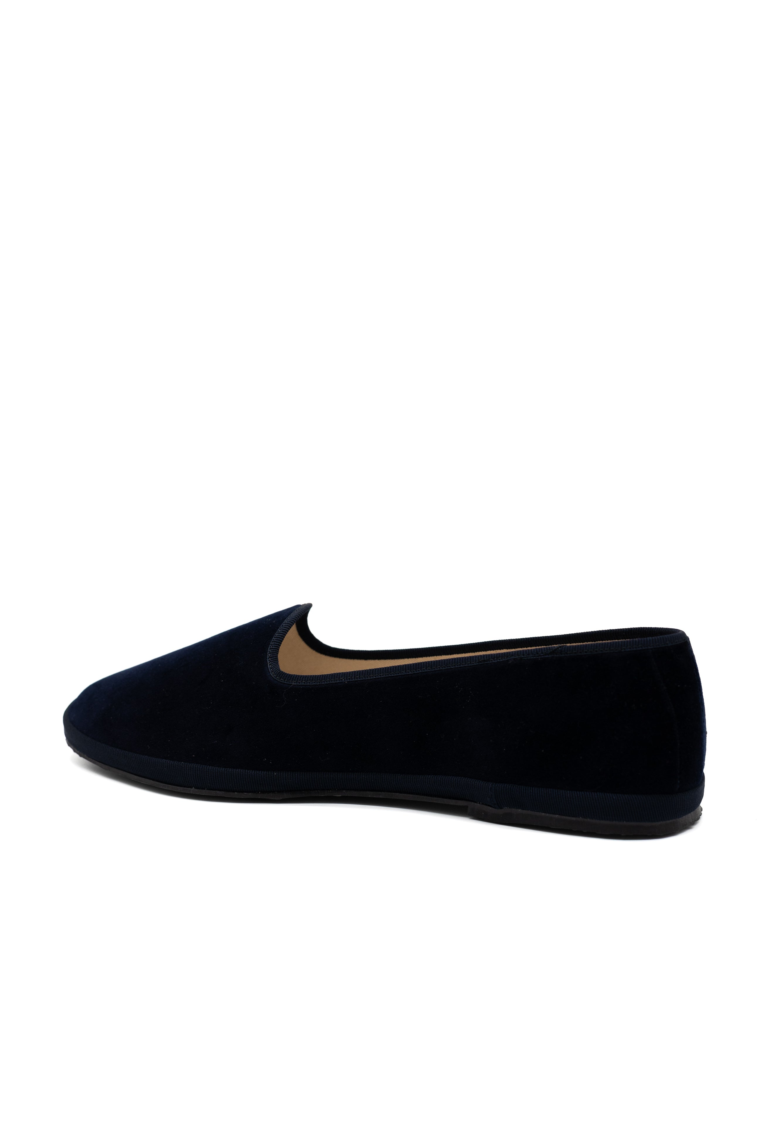 Handcrafted Gondolina Bucintoro flats in navy velvet, featuring authentic Venetian design, back view