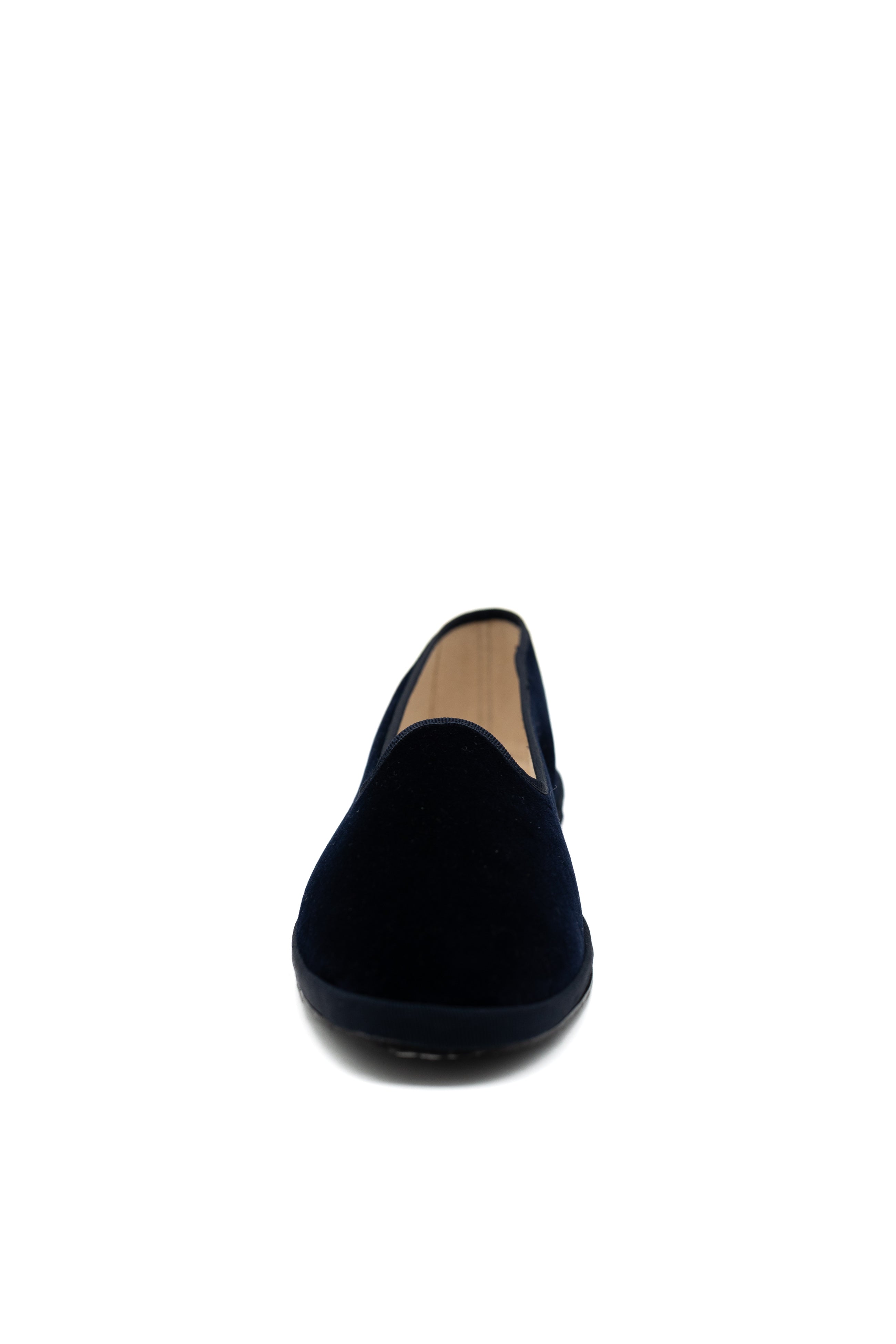 Handcrafted Gondolina Bucintoro flats in navy velvet, featuring authentic Venetian design, front view