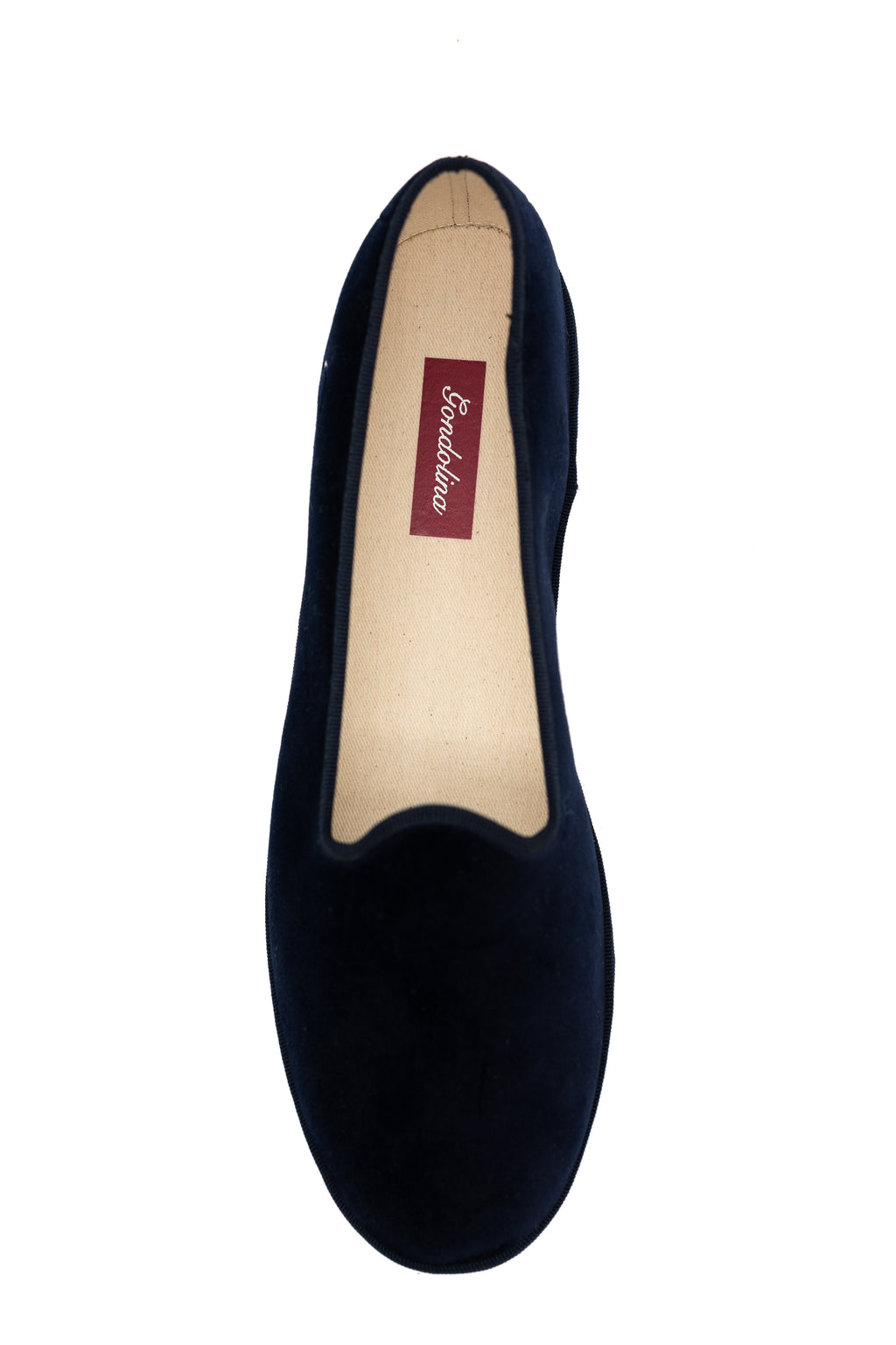 Handcrafted Gondolina Bucintoro flats in navy velvet, featuring authentic Venetian design, top view