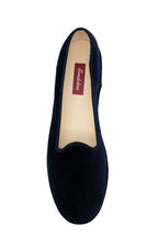 Handcrafted Gondolina Bucintoro flats in navy velvet, featuring authentic Venetian design, top view