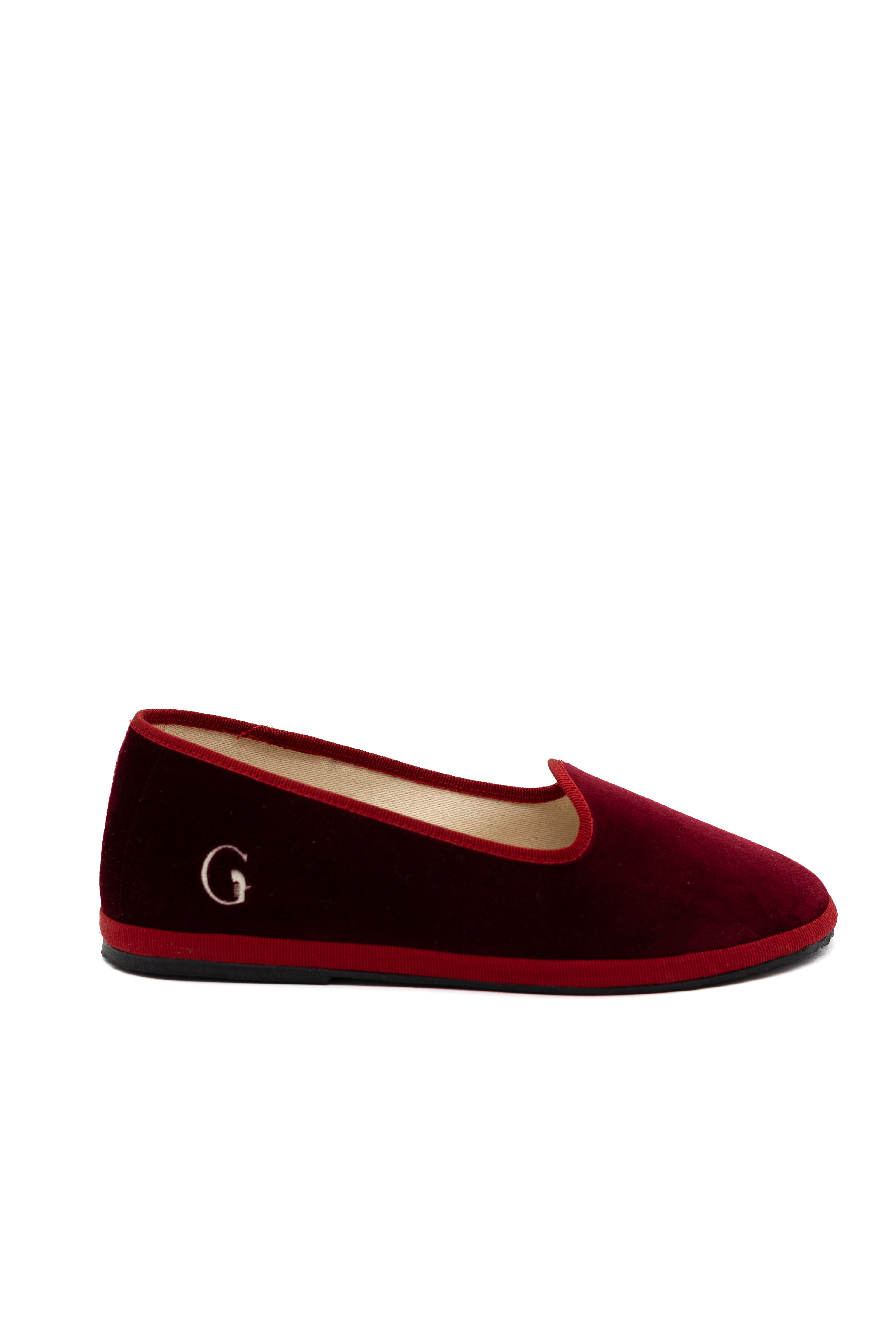 Handcrafted Gondolina Dogale flats in red velvet, featuring authentic Venetian design, side view