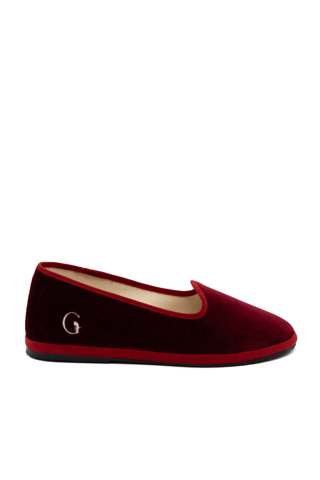 Handcrafted Gondolina Dogale flats in red velvet, featuring authentic Venetian design, main view