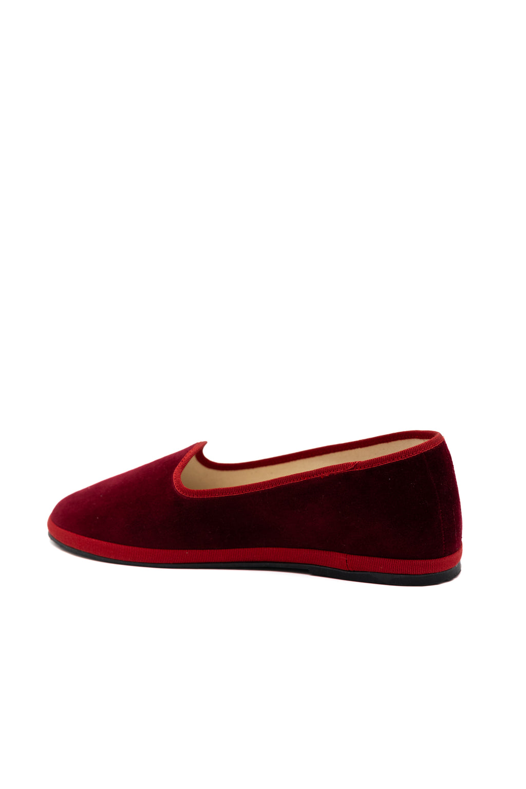 Handcrafted Gondolina Dogale flats in red velvet, featuring authentic Venetian design, back view
