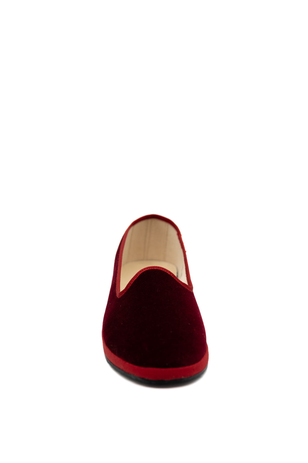 Handcrafted Gondolina Dogale flats in red velvet, featuring authentic Venetian design, front view