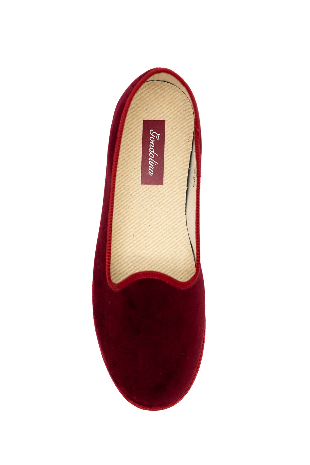 Handcrafted Gondolina Dogale flats in red velvet, featuring authentic Venetian design, top view