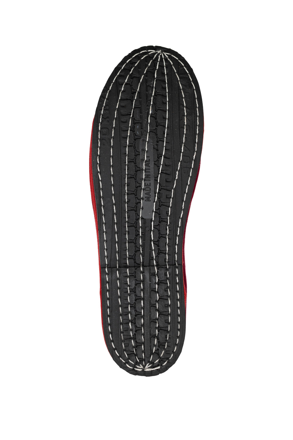 Handcrafted Gondolina Dogale flats in red velvet, featuring authentic Venetian design, sole detail