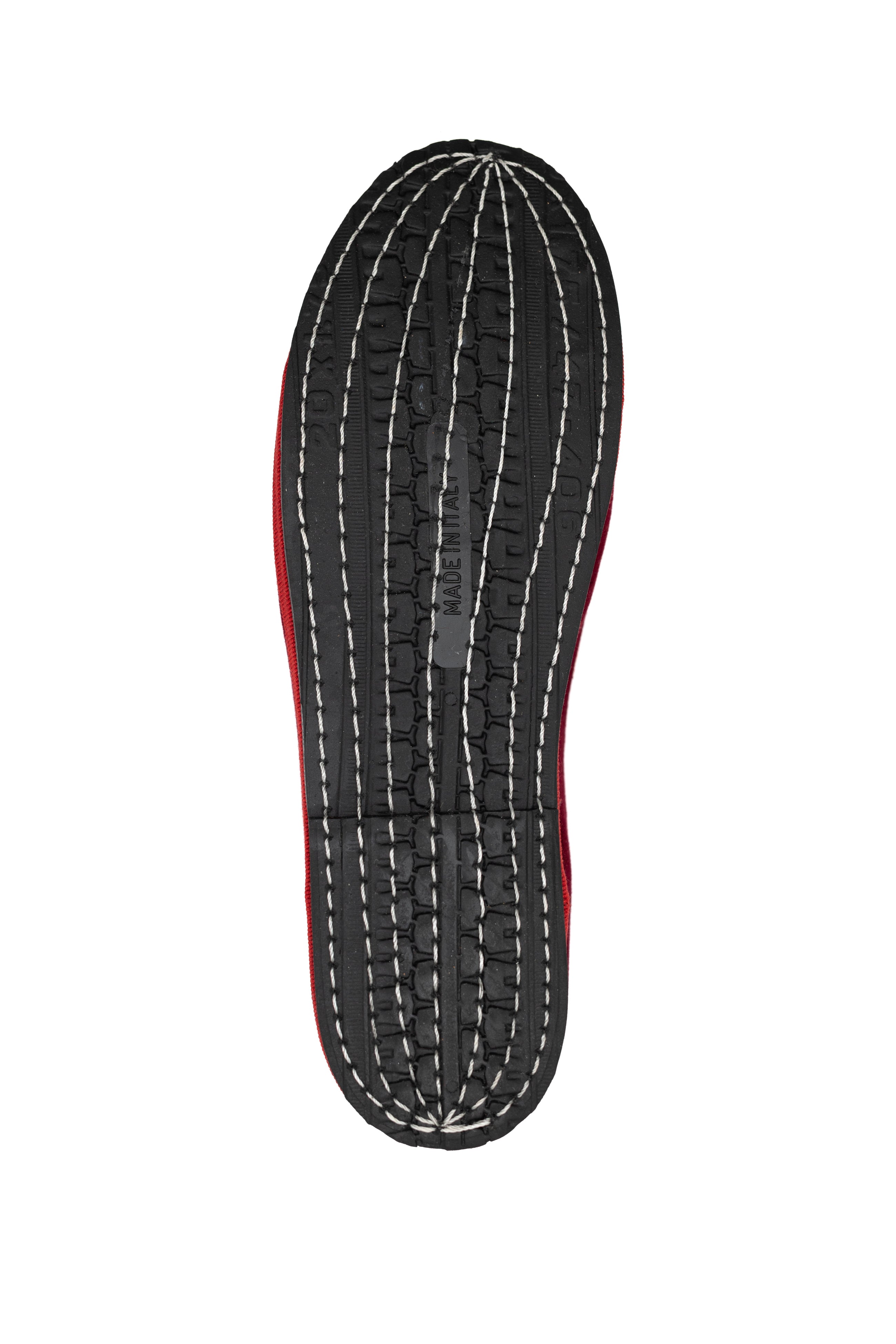 Handcrafted Gondolina Dogale flats in red velvet, featuring authentic Venetian design, sole detail