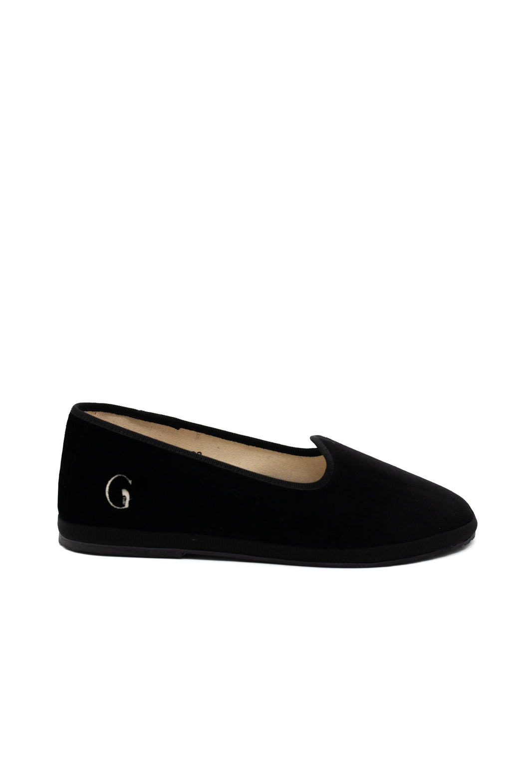 Handcrafted Gondolina Pellestrina flats for women in black velvet, authentic Venetian style, side view