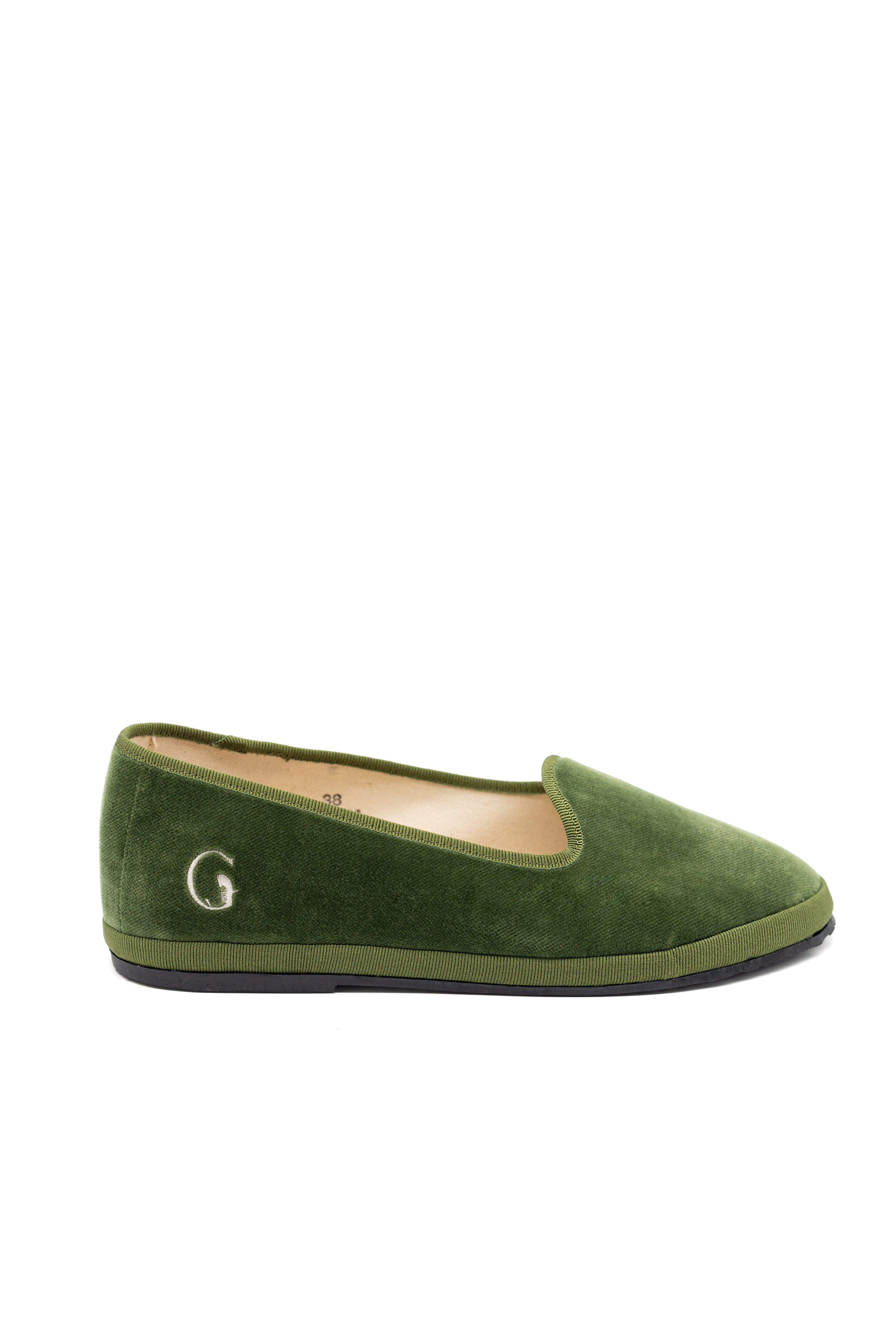 Handcrafted Gondolina Sant Erasmo flats in light green velvet, featuring authentic Venetian design, side view